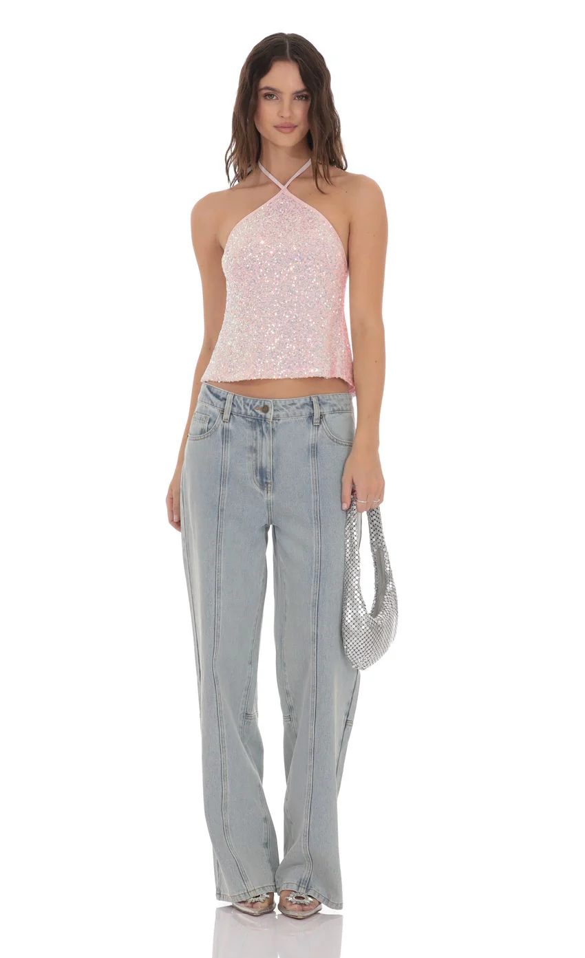 Sequin Halter Top in Pink - luluinthesky
