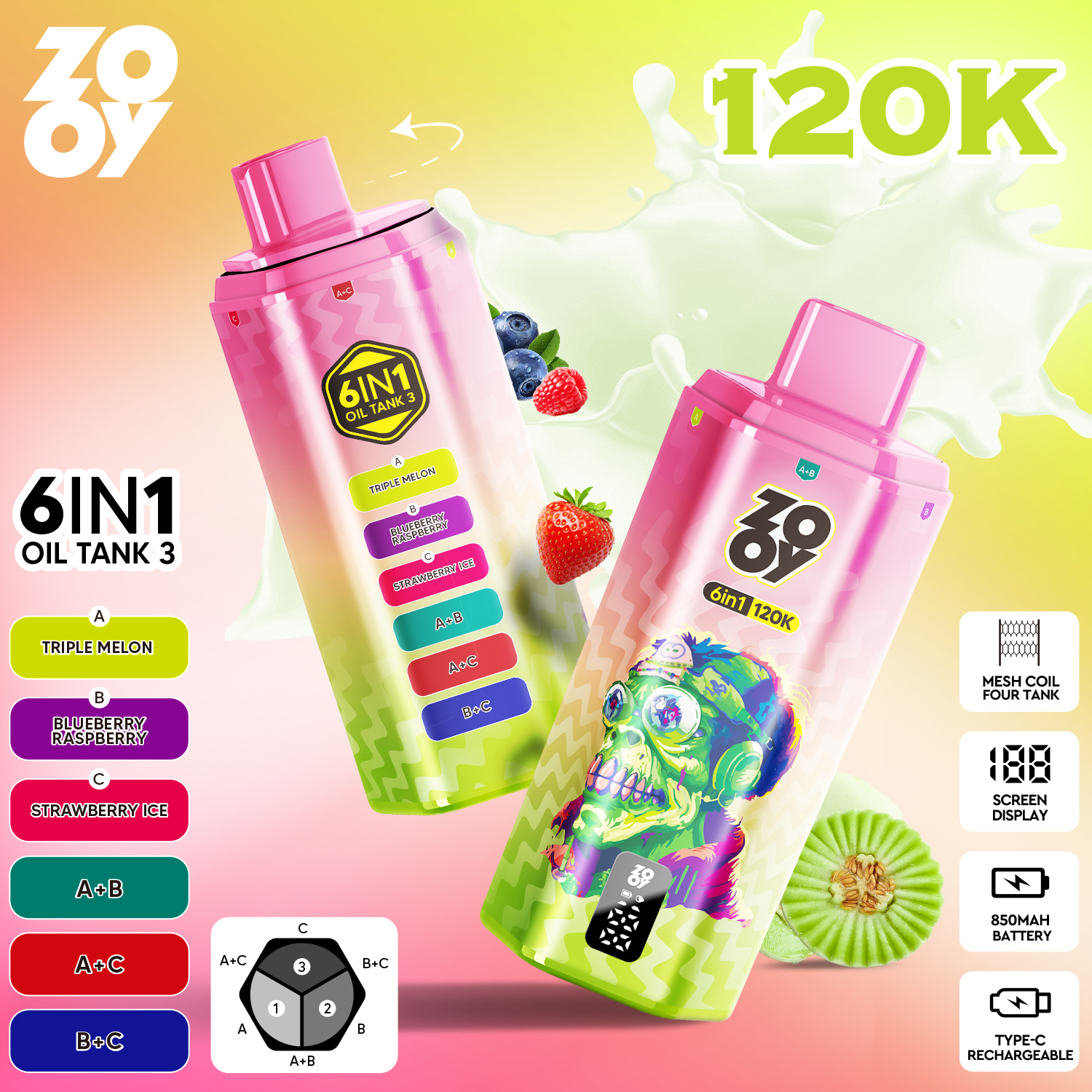 ZOOY TANK 120K - Triple Melon &Blueberry Raspberry & Strawberry Ice