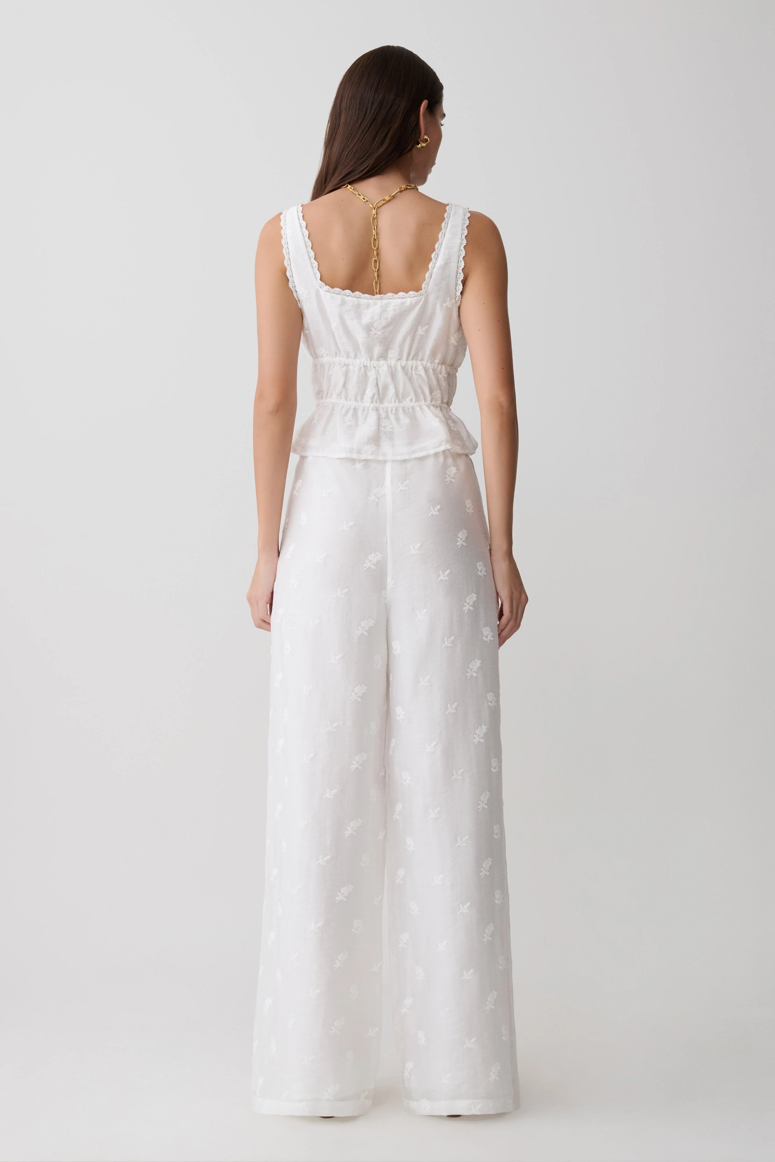 Vivian Tie Waist Embroidered Pant - White