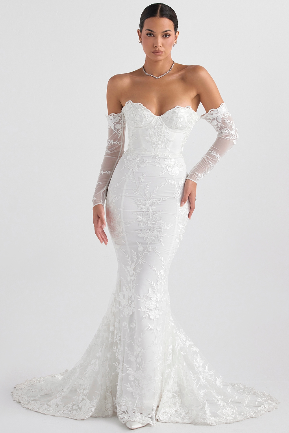 White Lace Long Sleeve Bridal Gown