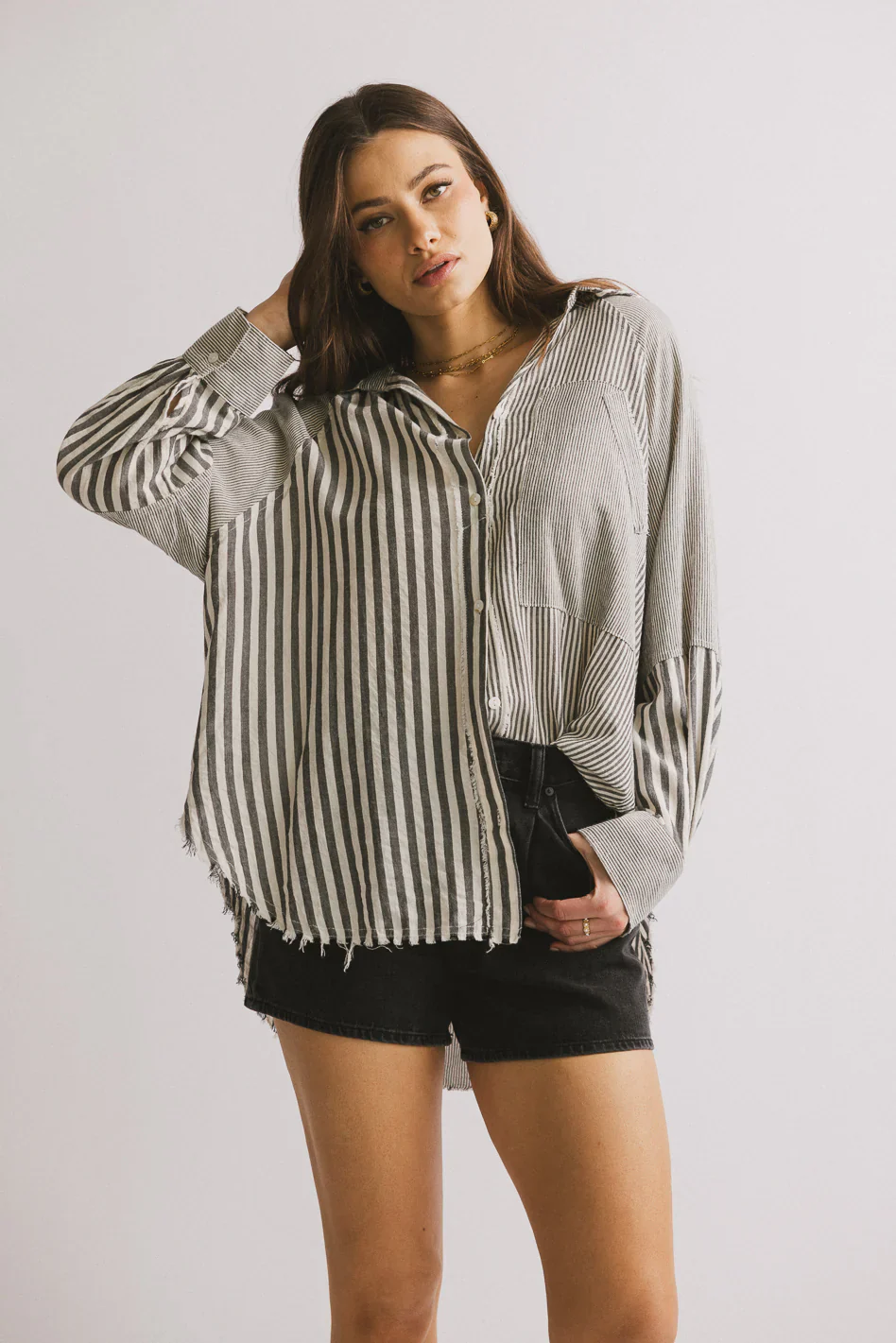 Gia Striped Button Up in Black
