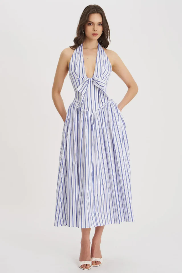 Mackenna Stripe Halter Smock Back Dress