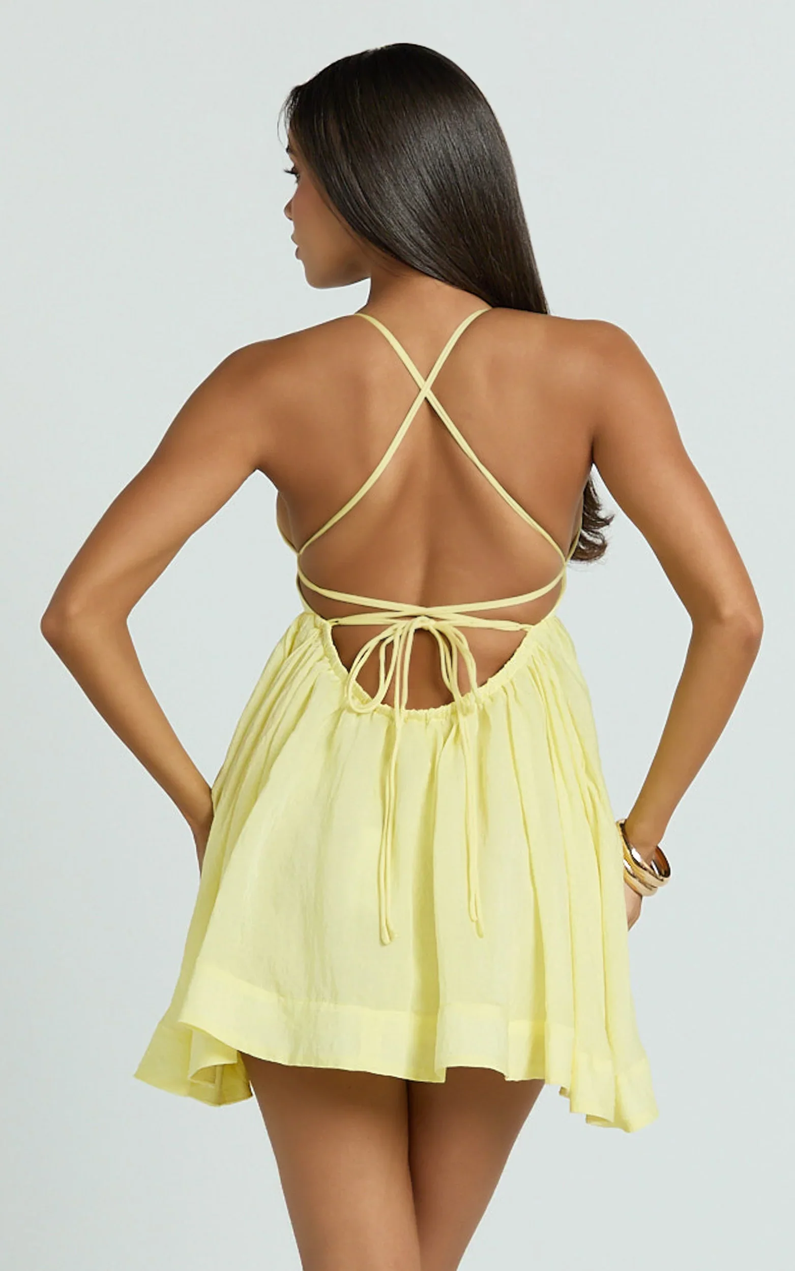 Jemima Mini Dress - Plunge Fit And Flare Dress in Lemon