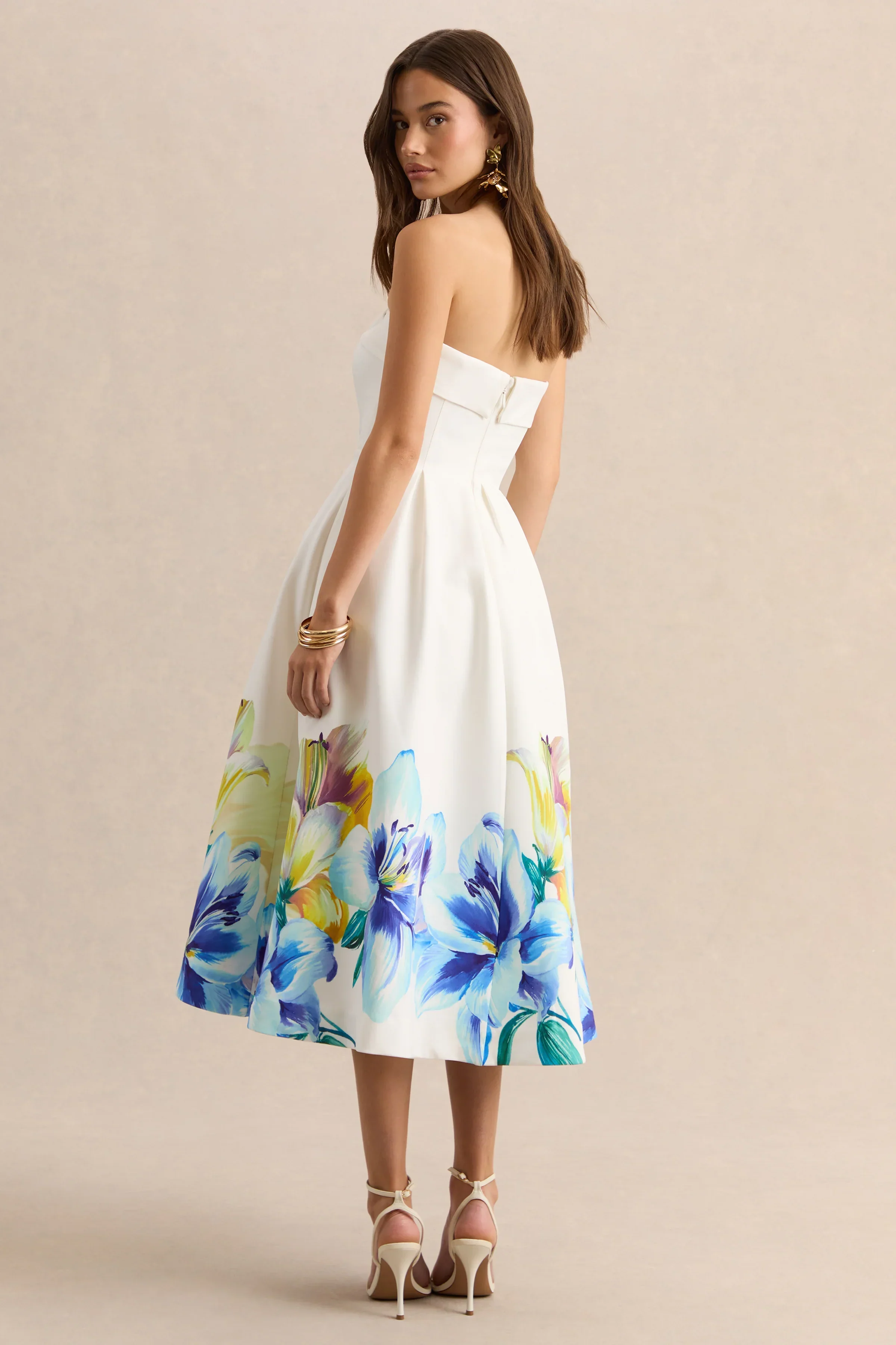 Annalise | Blue And Yellow Floral Border Print Bandeau Skater Midi Dress