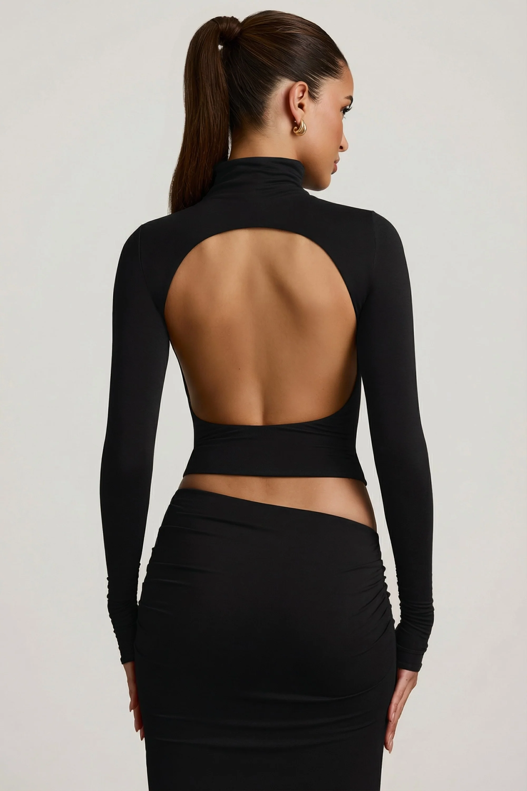 Modal Ruched Backless Turtleneck Top in Black