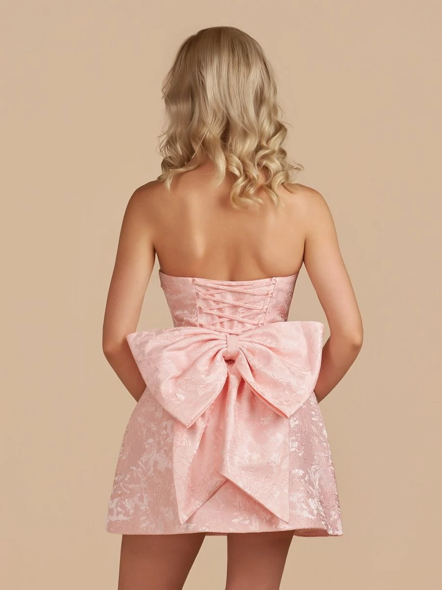 Sky Blue Strapless Jacquard A Line Homecoming Dress With Bowknot