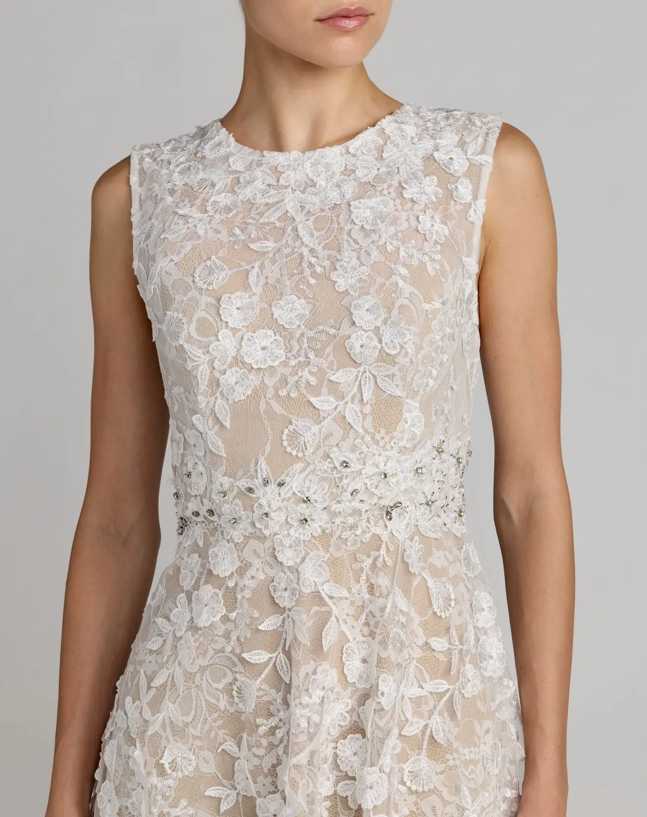 Ivory Floral Embroidered High Neck Midi Dress