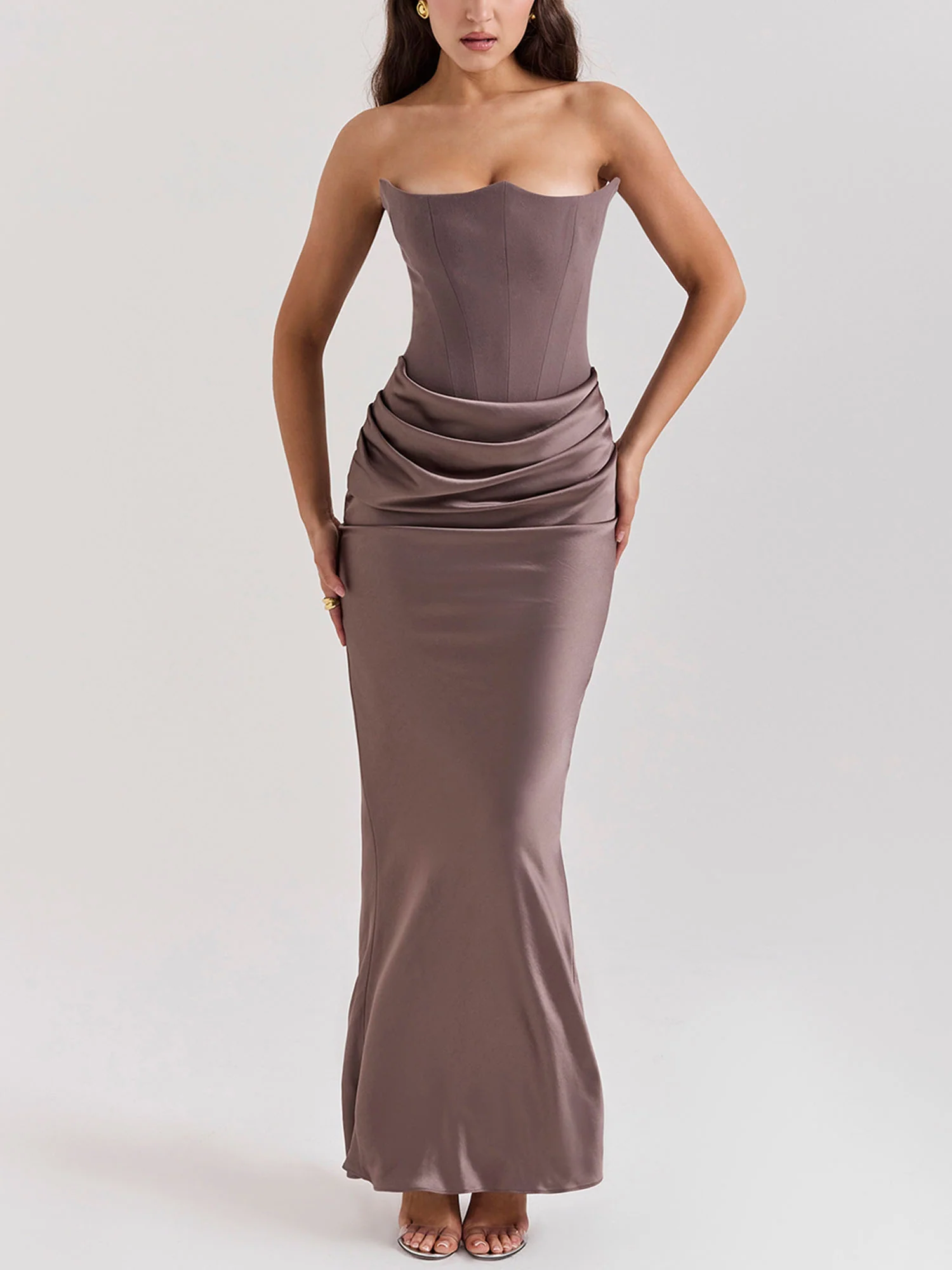 Brown Strapless Draped Bodycon Maxi Dress