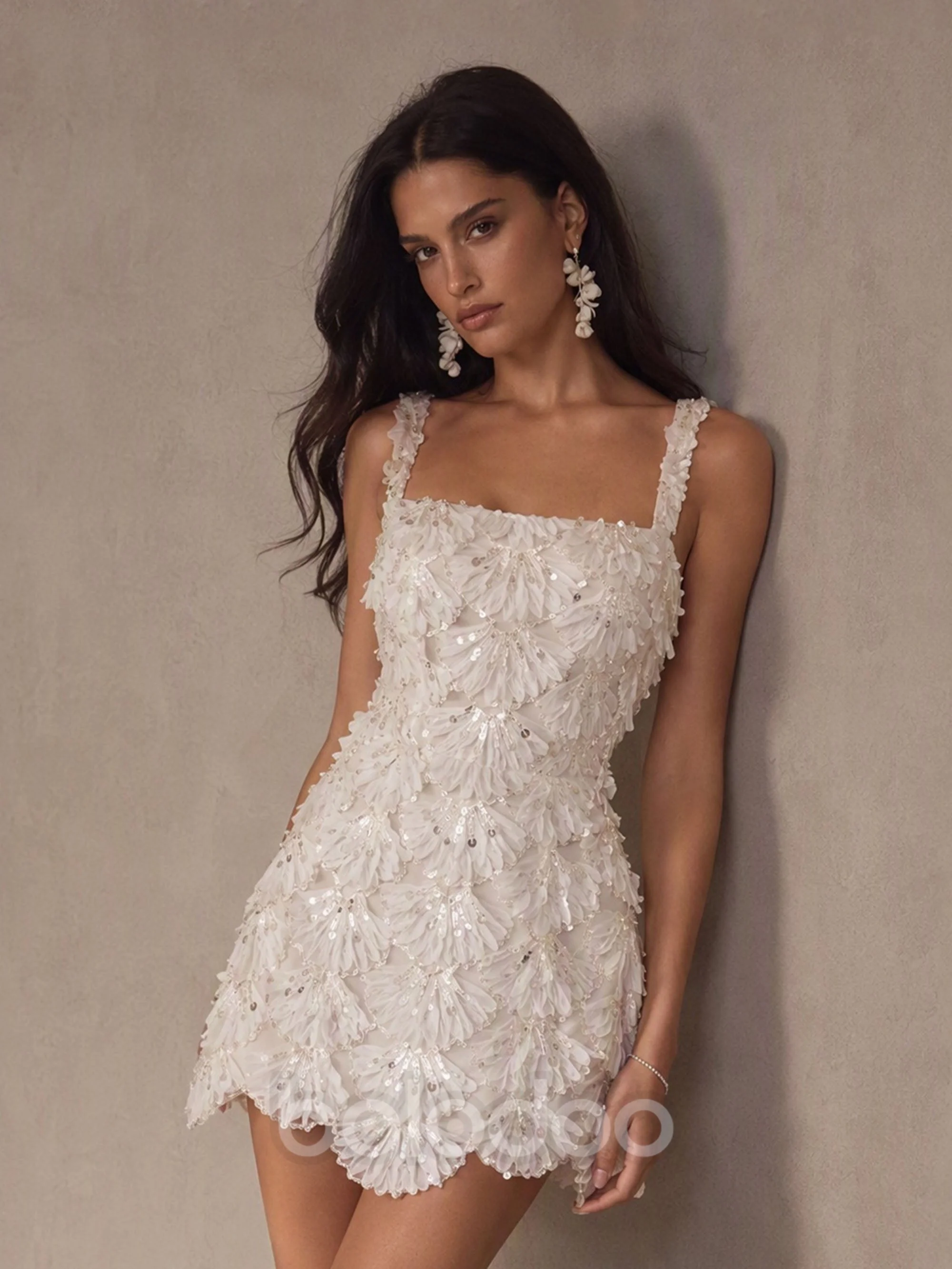 BOLODOO White Iridescent Sequin 3D Petal Appliqué Square Neck Spaghetti Strap Bodycon Mini Dress