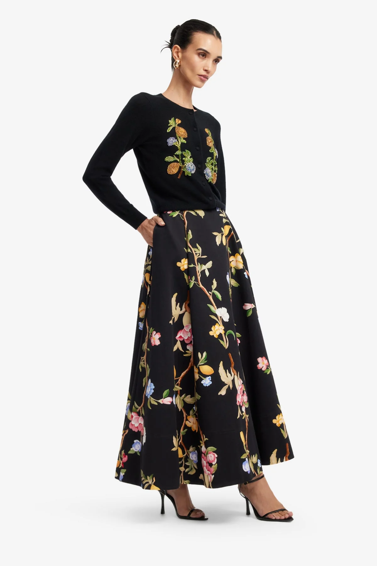 Elina Maxi Skirt - Lemon Vine Print in Ebony
