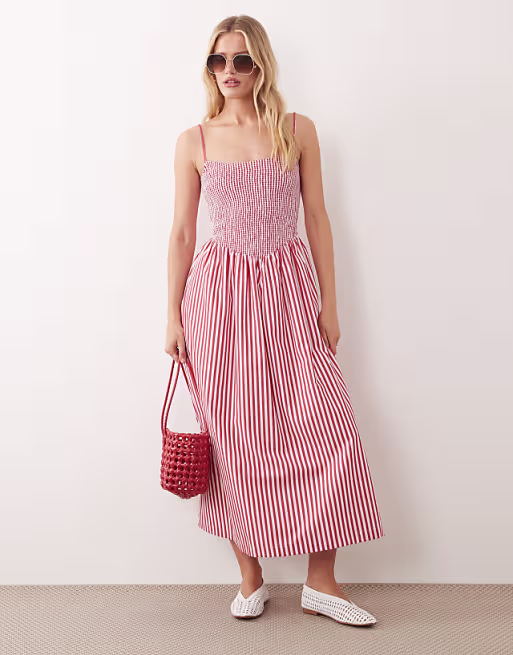 Abercrombie & Fitch puff sleeve smock midi dress in red stripe