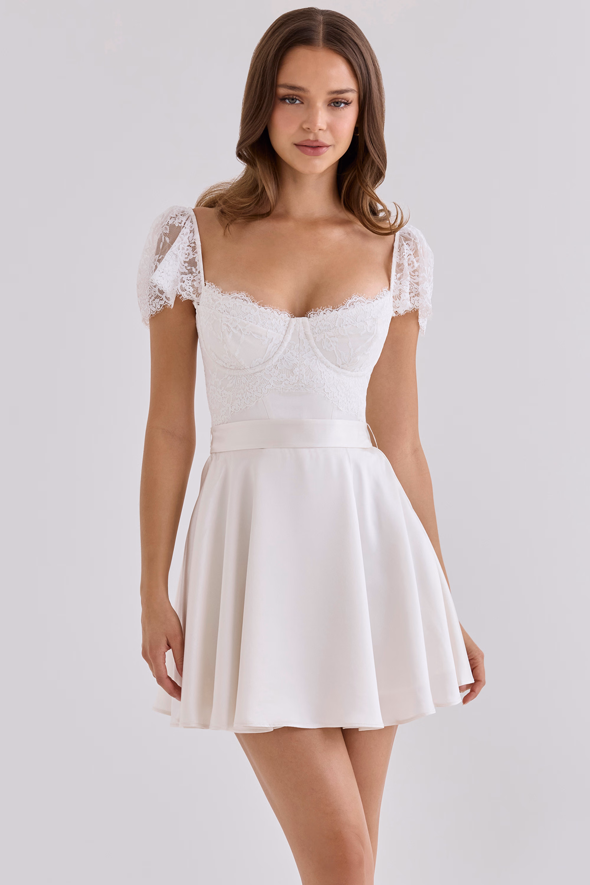 White Satin + Lace Mini Dress With Detachable Waist Tie