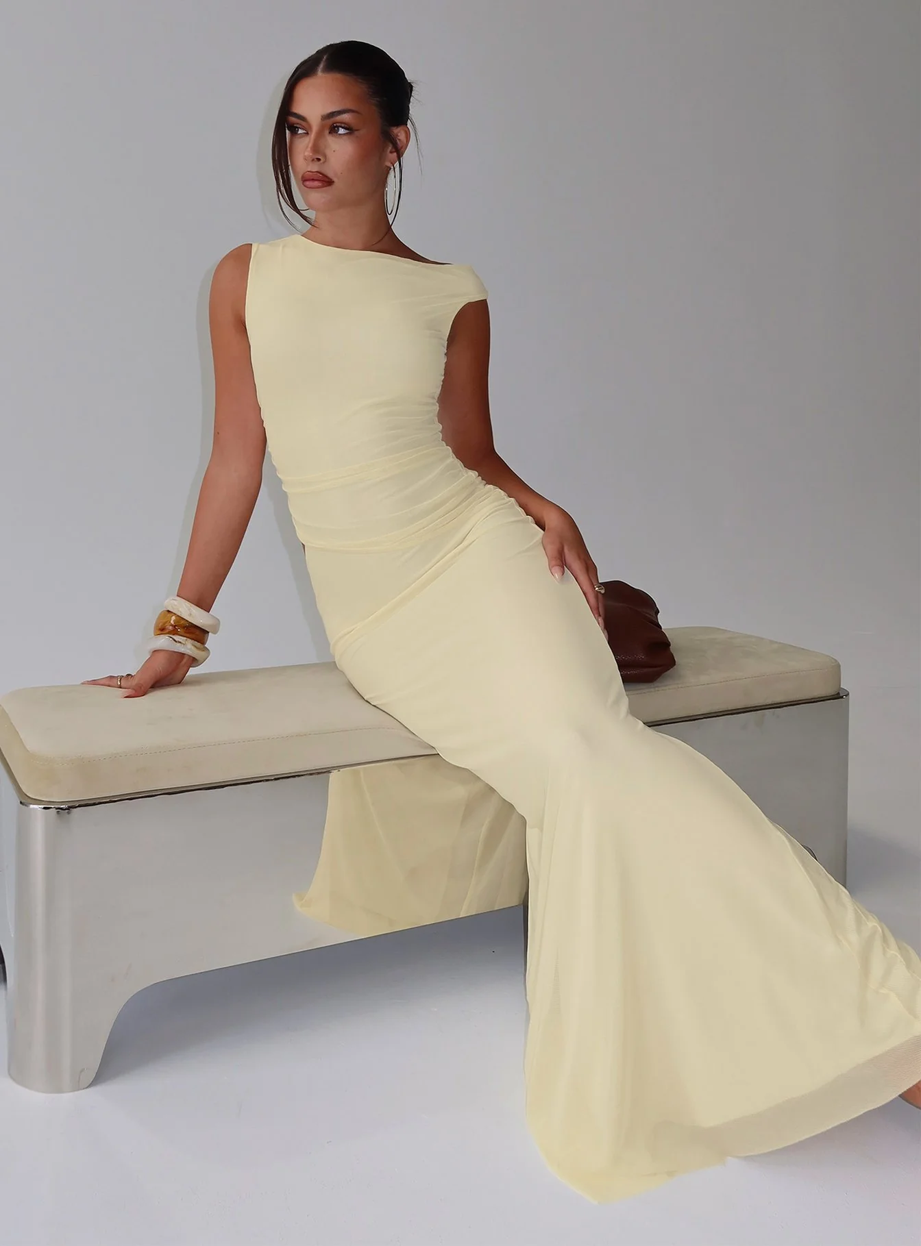 Krystyna Off Shoulder Ruched Mesh Maxi Dress Butter