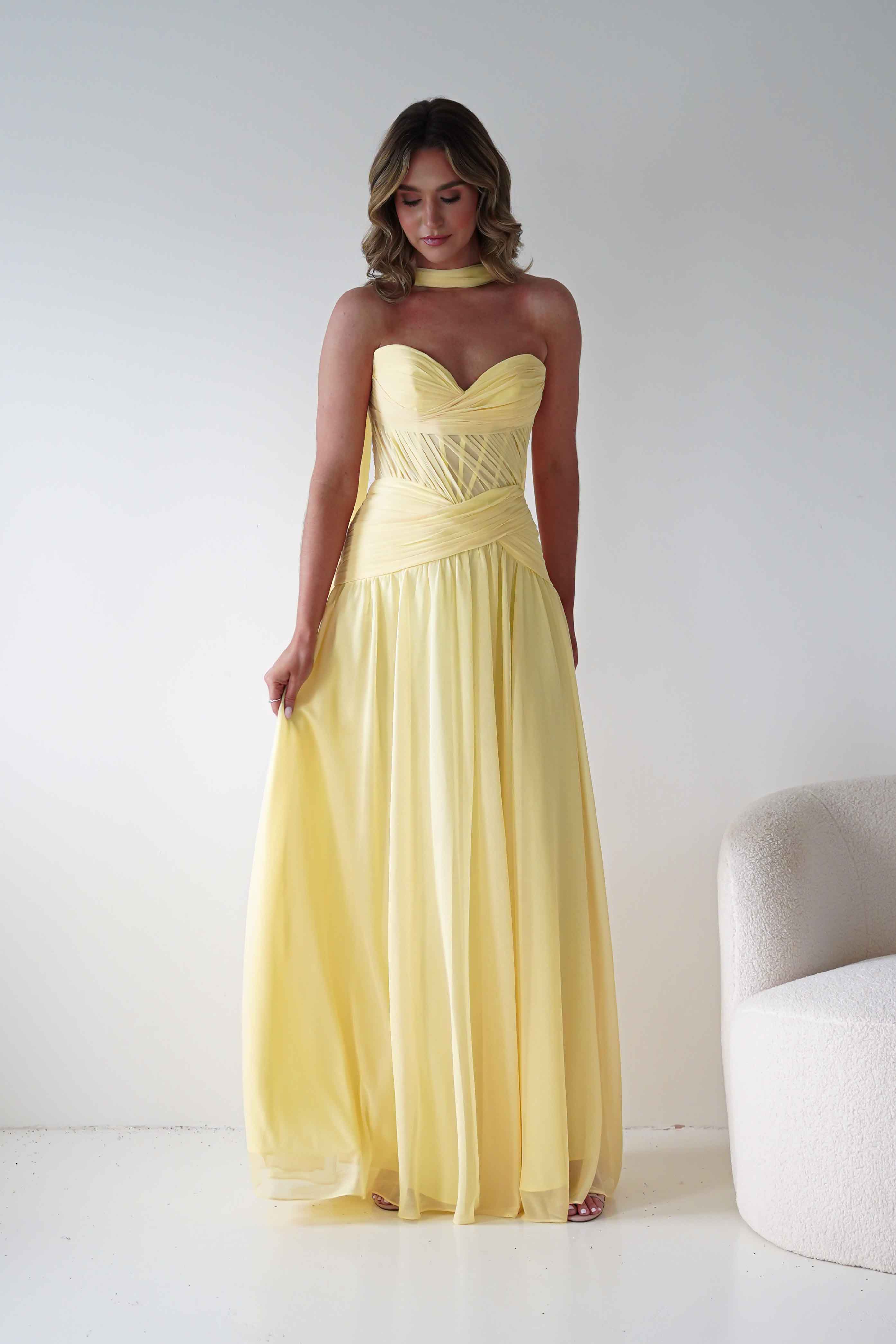 Nicolette Strapless Chiffon Maxi Gown | Yellow