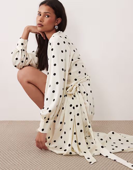 VILA long sleeve satin wrap midi dress in cream polka dot