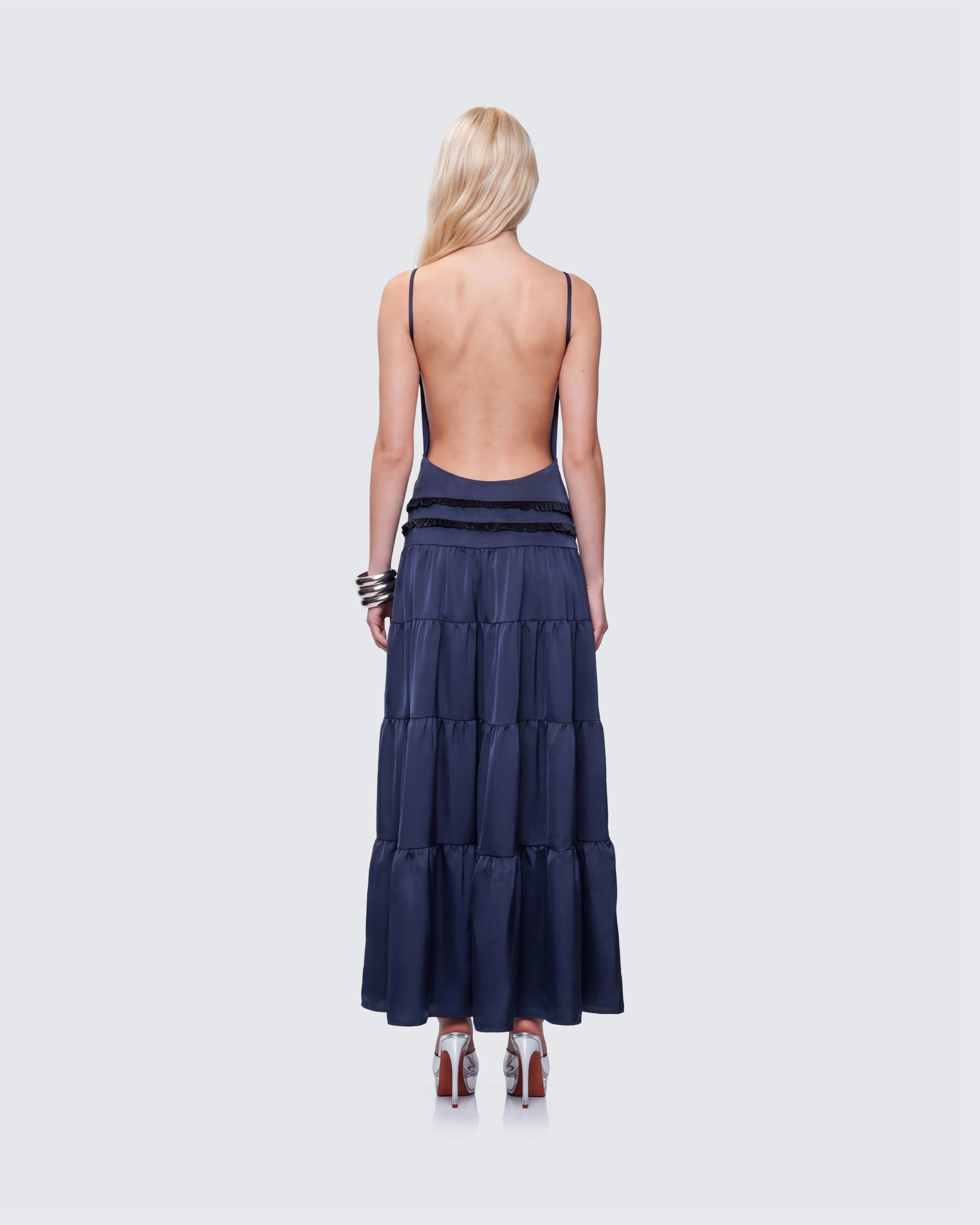 Savanna Navy Backless Satin Maxi Dress