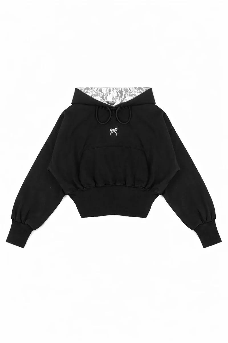 Cropped Lace-Lined Hood & Embroidered-Bow Hoodie
