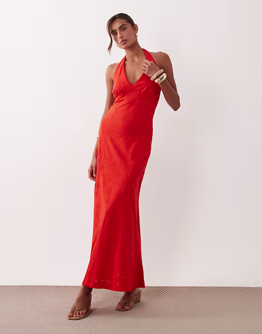 broderie halter midi dress in red