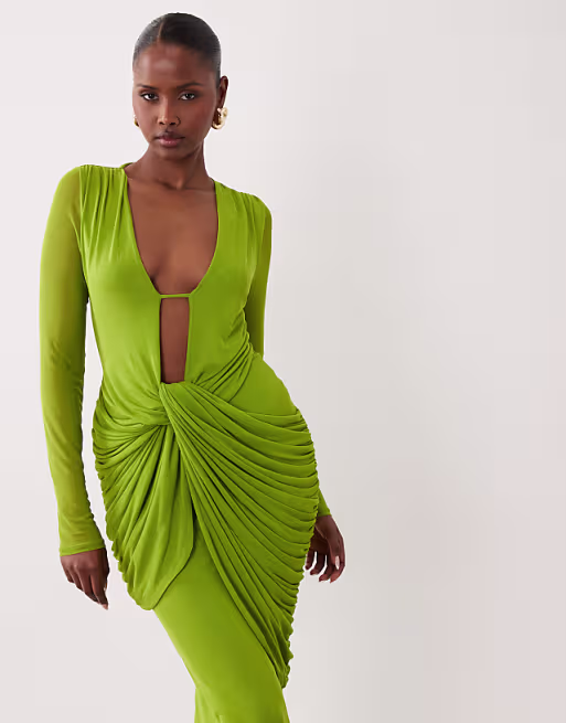 mesh deep plunge neck long sleeve midi dress with draping in green