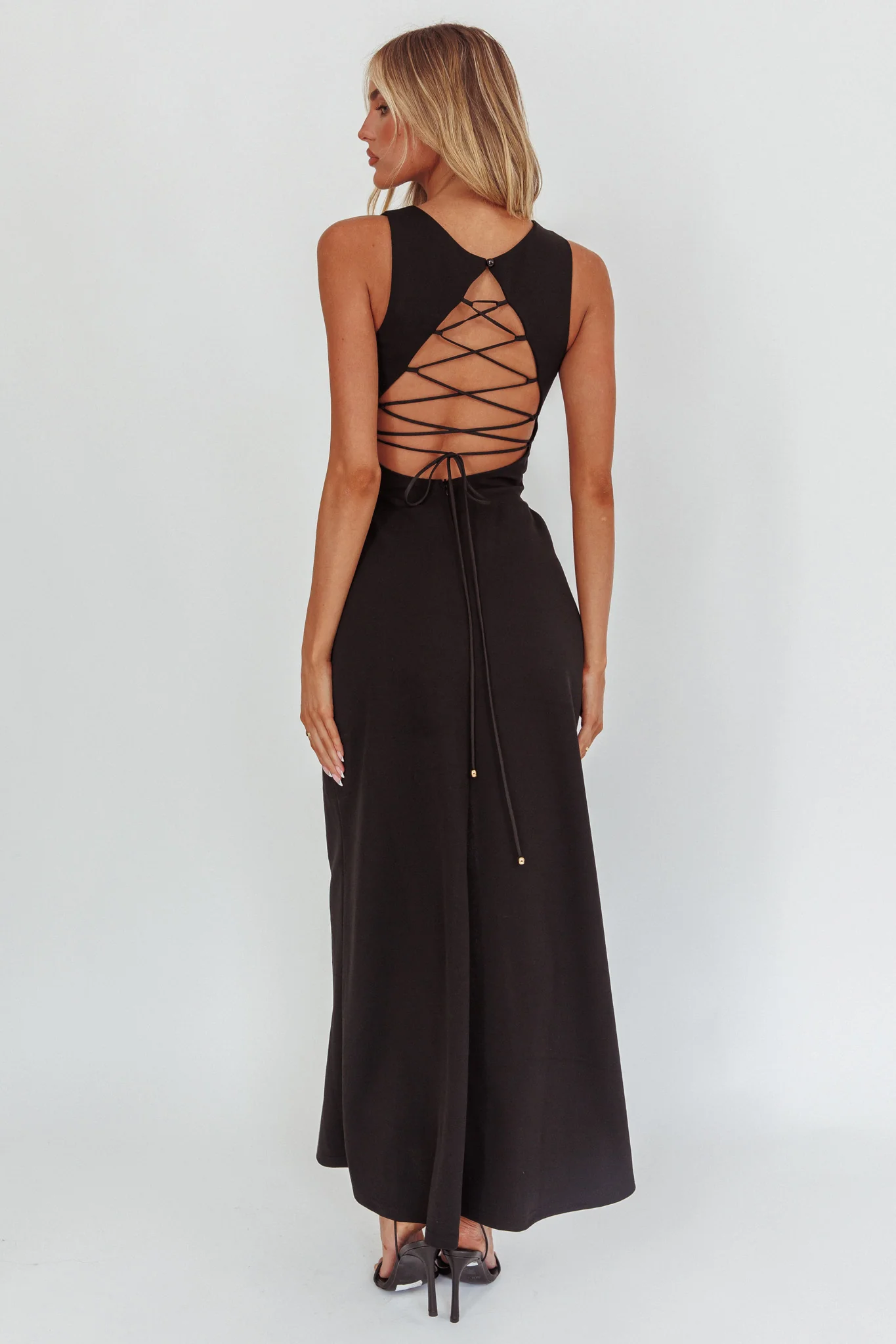 Firelights Lace-Up Back Maxi Dress Black - luluinthesky