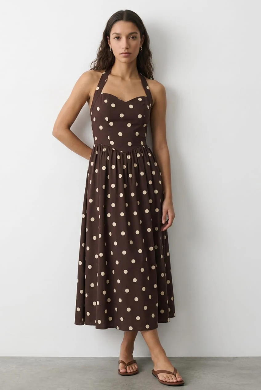 Brown Polka Dot Maxi Dress Halter Neck
