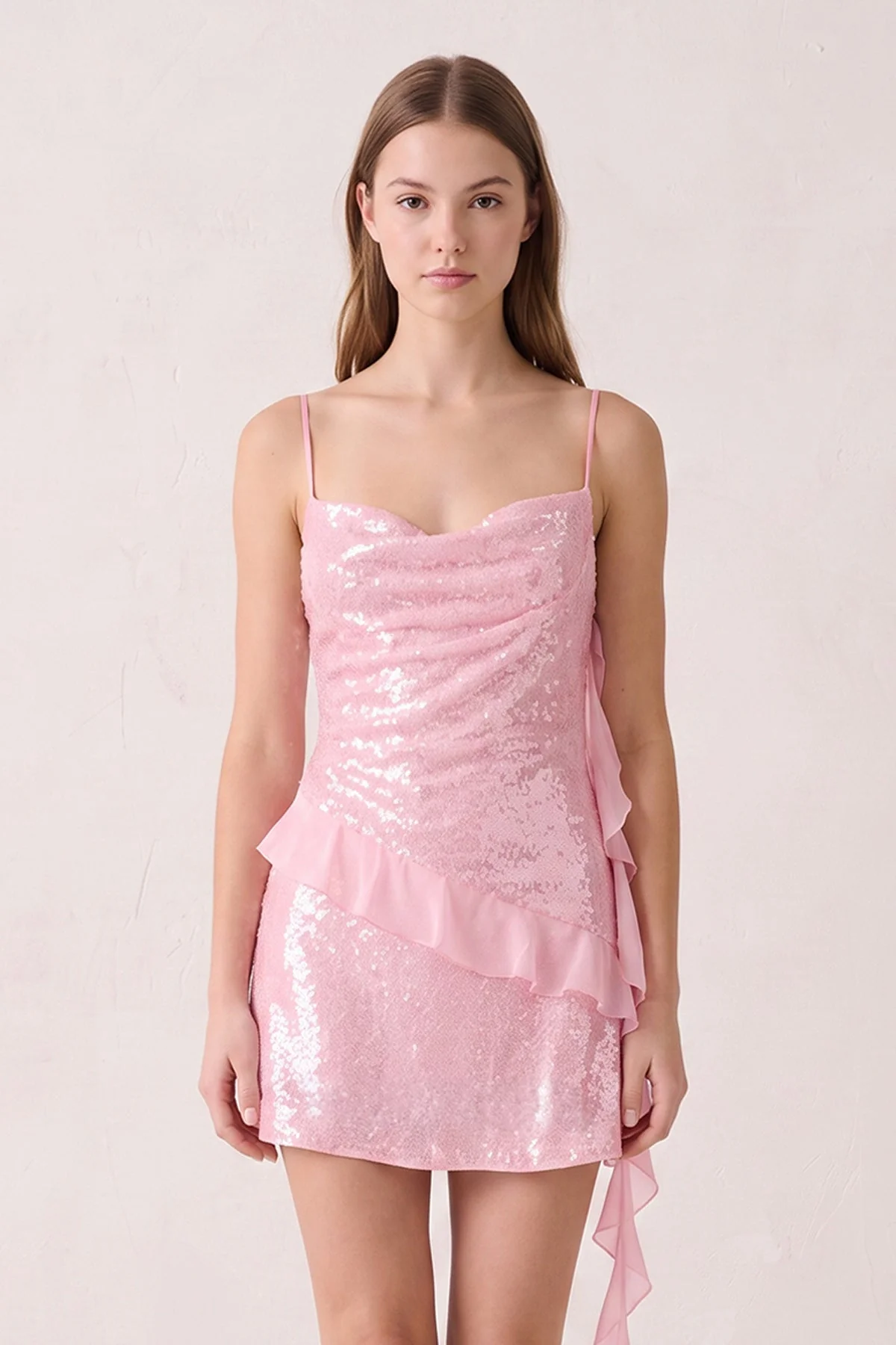 Pink Spaghetti Straps Sequin Ruched Ruffled Sheath Homecoming Dress