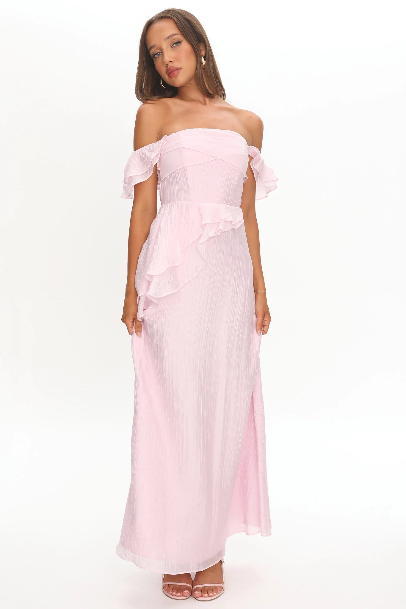 Natale Off-Shoulder Ruffle Maxi Dress Pink - luluinthesky