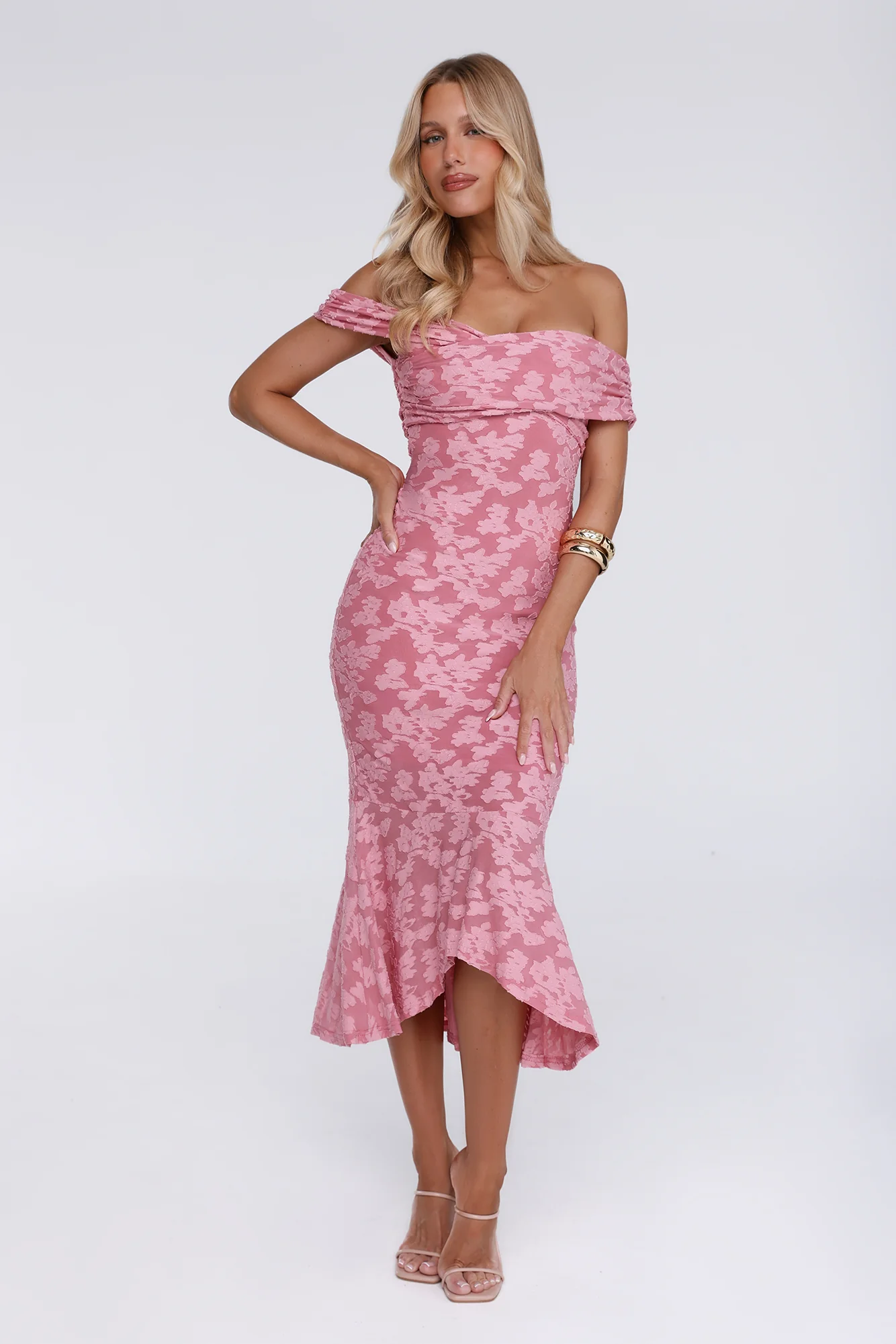 Botanical Embrace Off Shoulder Midi Dress Rose