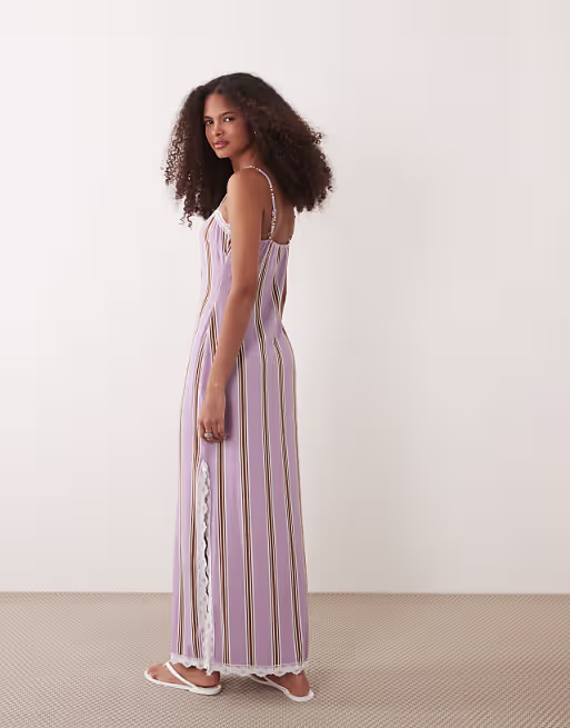 cami square neck midi dress with lace trim and side slit in striped print