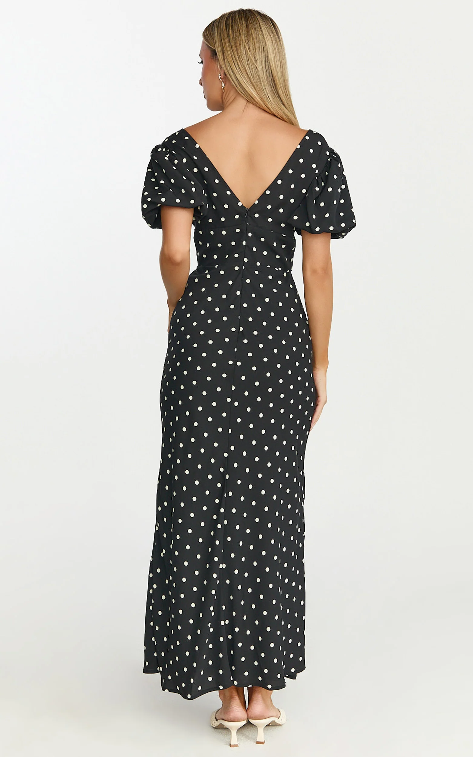 Elise Midi Dress - V Neck Puff Sleeve Dress in Black Polka