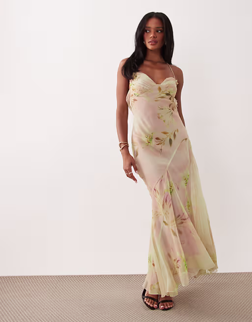 floral print leaf cami strap maxi dress in pastel pink & green