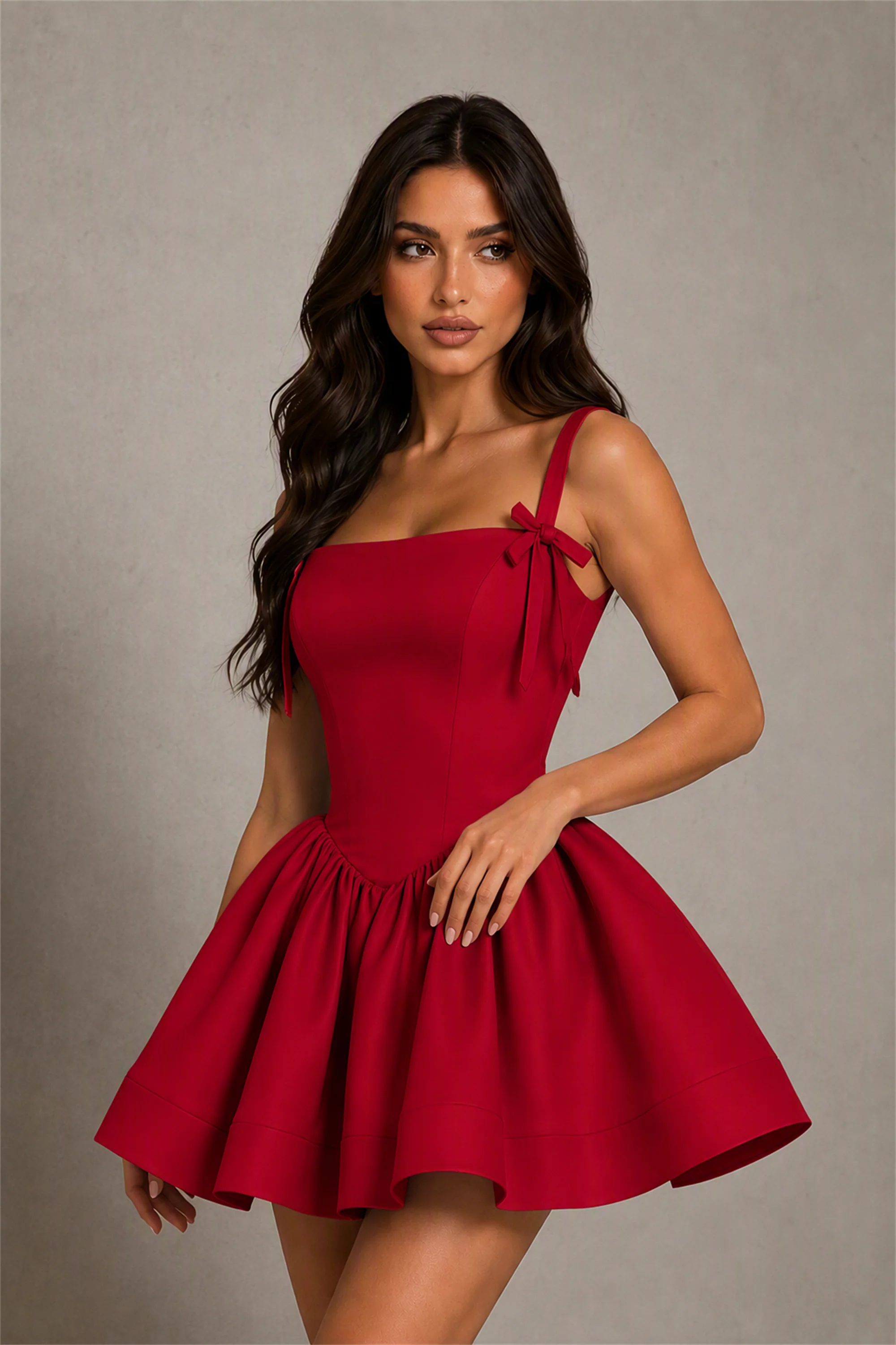 BOLODOO Baby Burgundy Satin Square Neck Bow Strap Lace-Up Back Bubble Mini Dress | Cocktail Party Date Night Dress