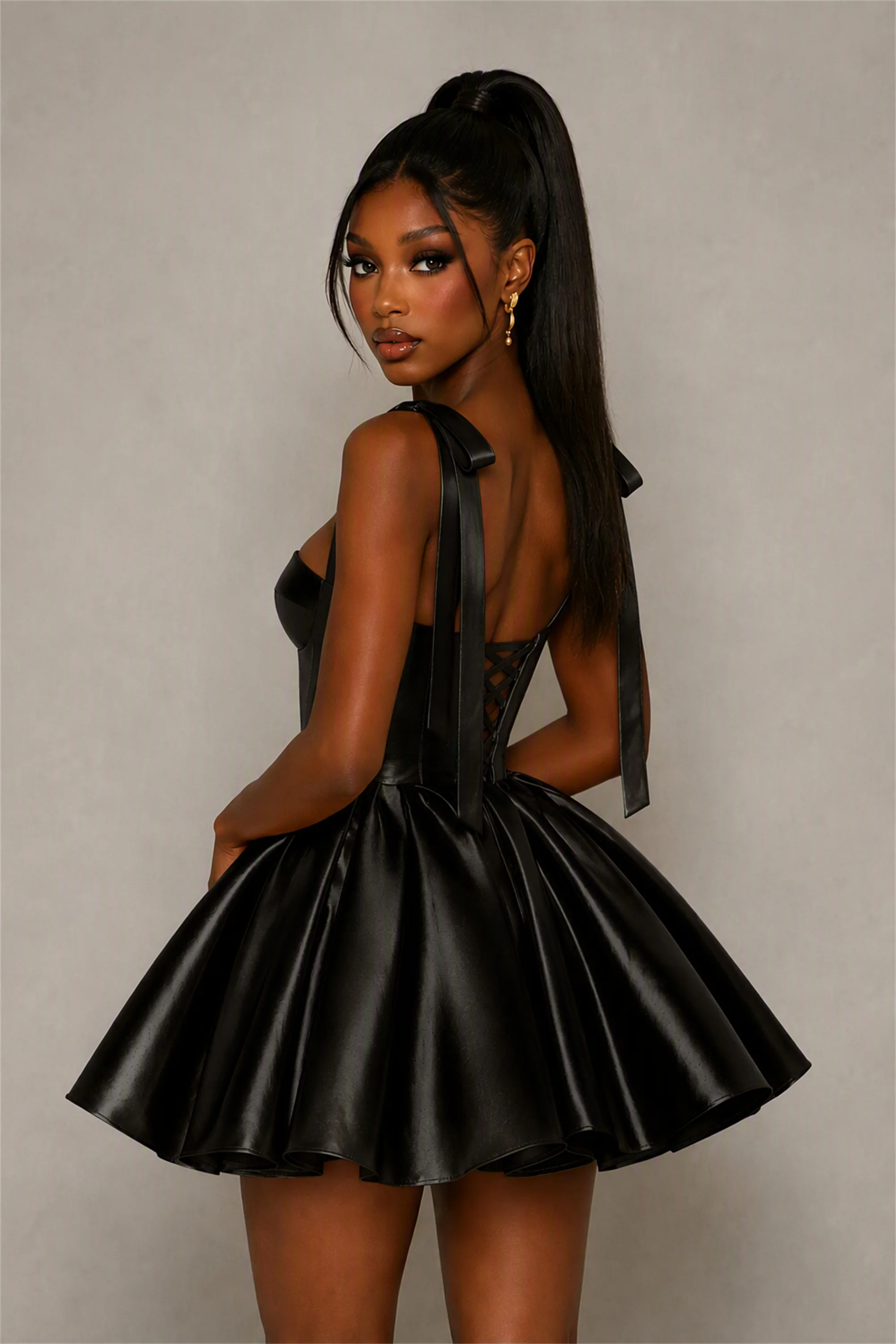 BOLODOO Black Satin Sweetheart Corset Bow Strap Lace-Up Open Back Full Skirt Mini Dress | Prom Cocktail Party Dress