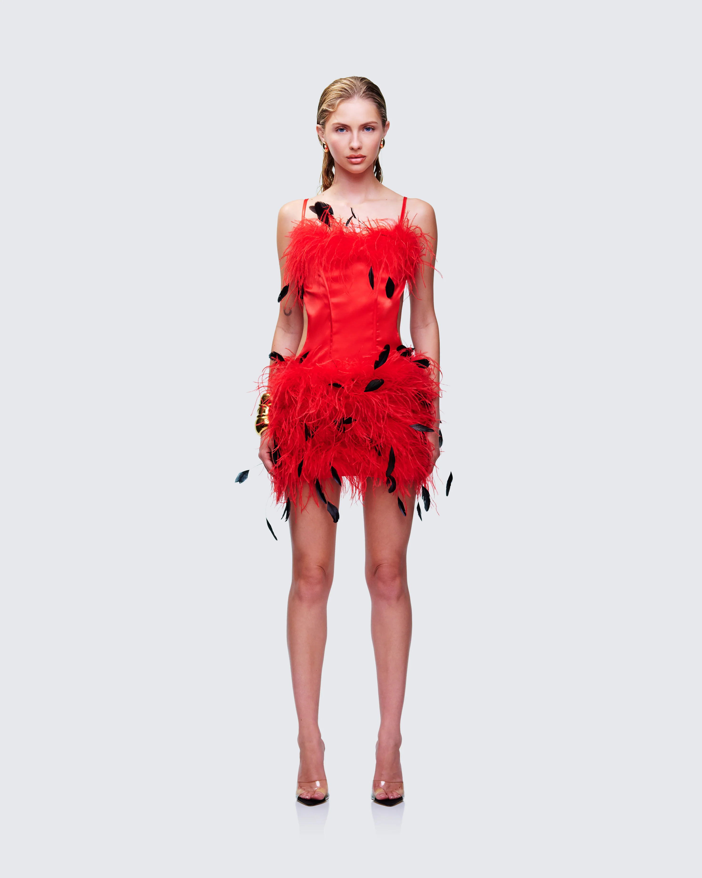 Meadow Red Feather Backless Mini Dress