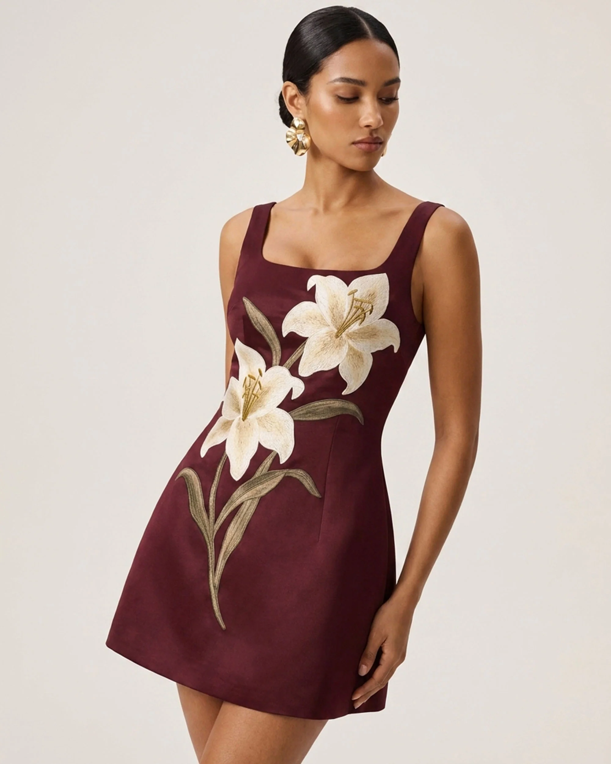Lily Floral Print Sleeveless A-Line Mini Dress - Burgundy - FASHION NOB