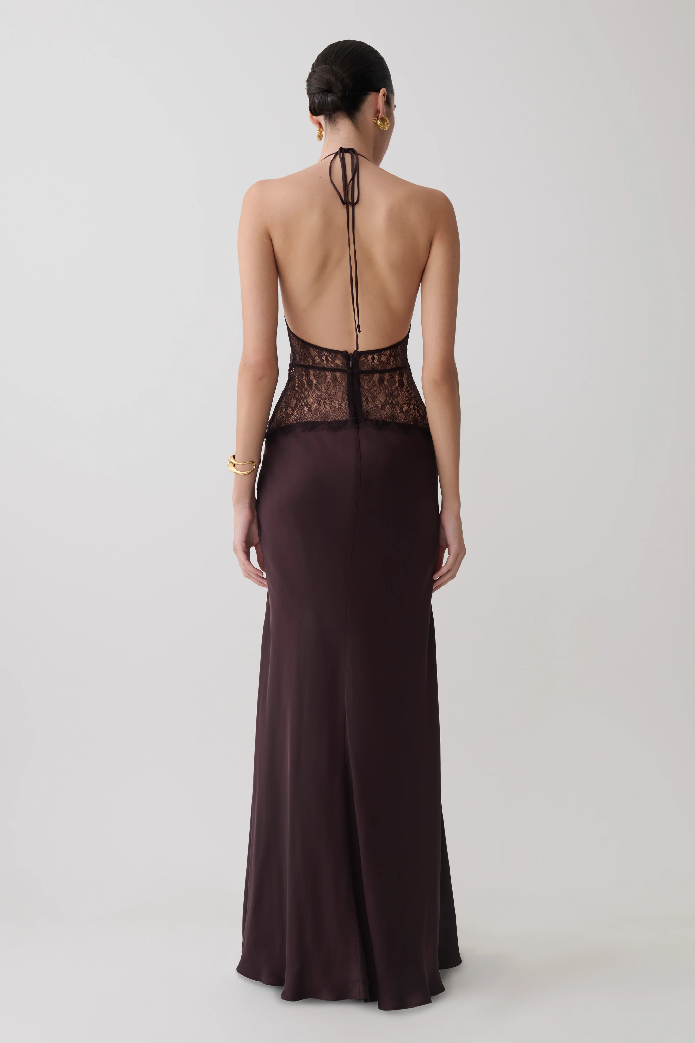 Dinah Lace And Satin Maxi Dress - Chocolate