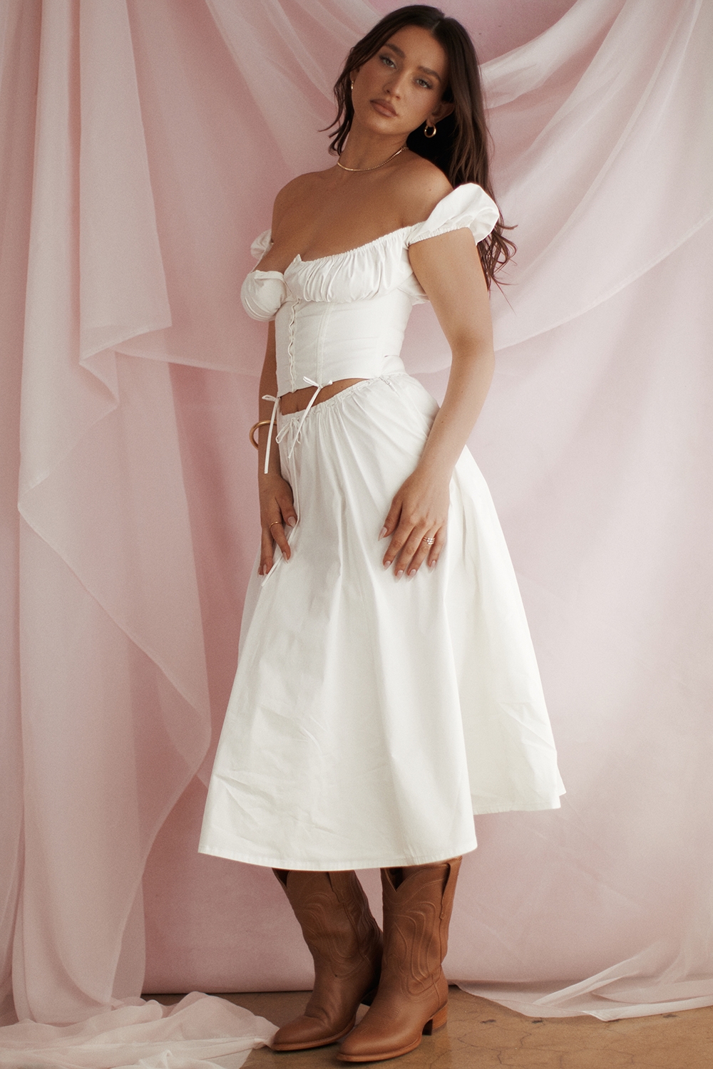 White Gathered Midi Skirt