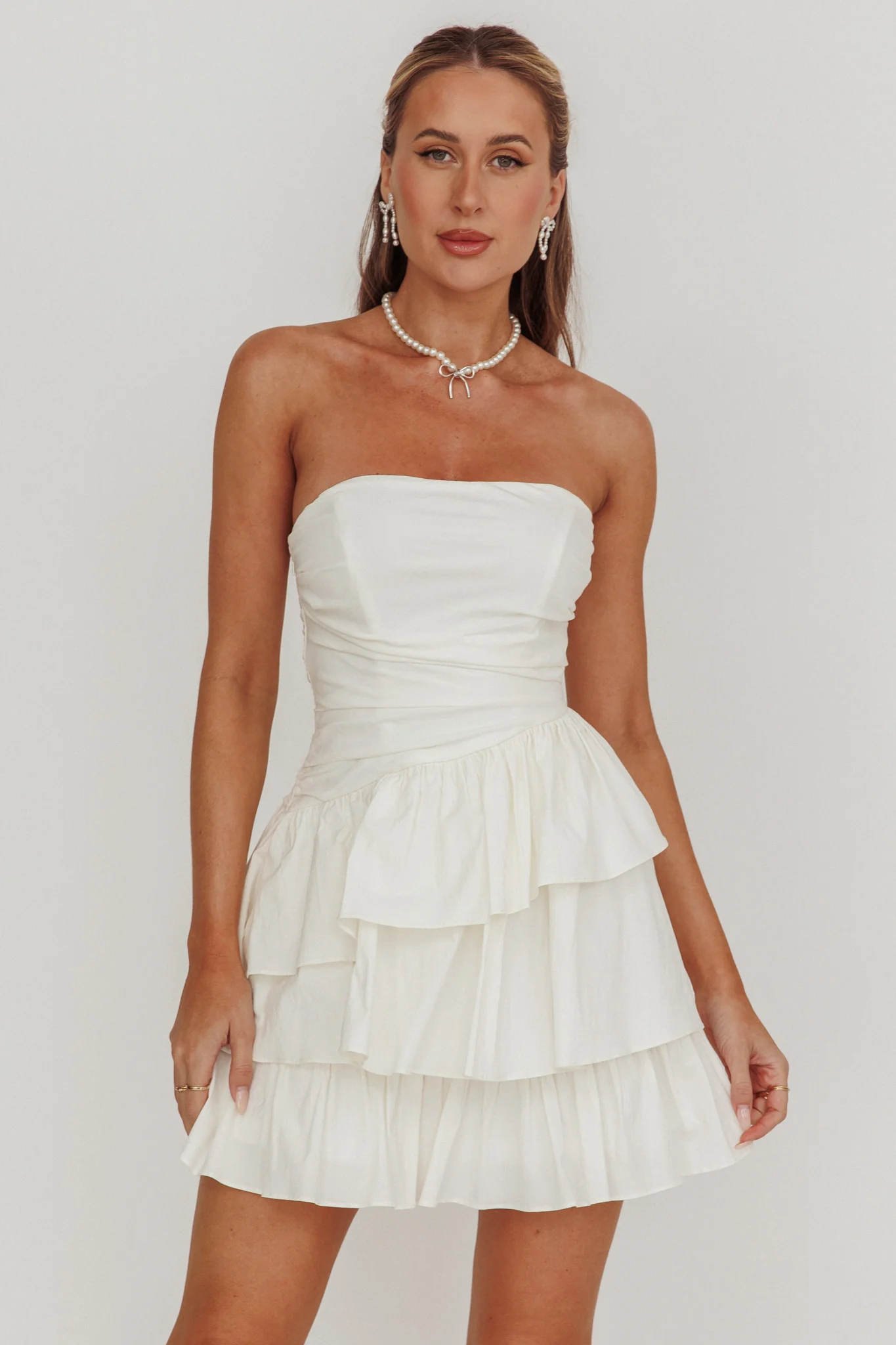 Destini Strapless Layered Frill Mini Dress Off White - luluinthesky