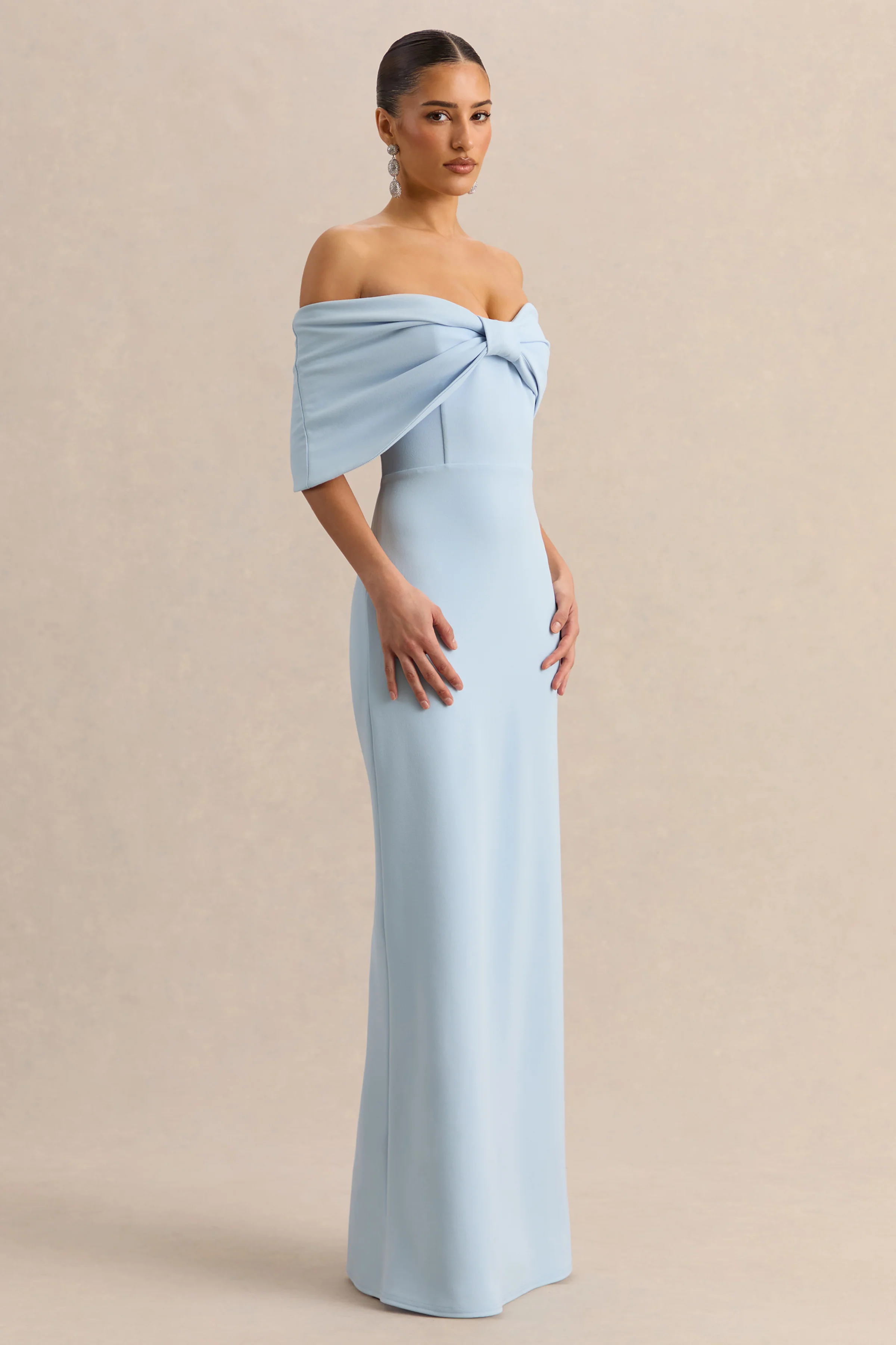 Agatha | Powder Blue Bow Bardot-Neck Maxi Dress