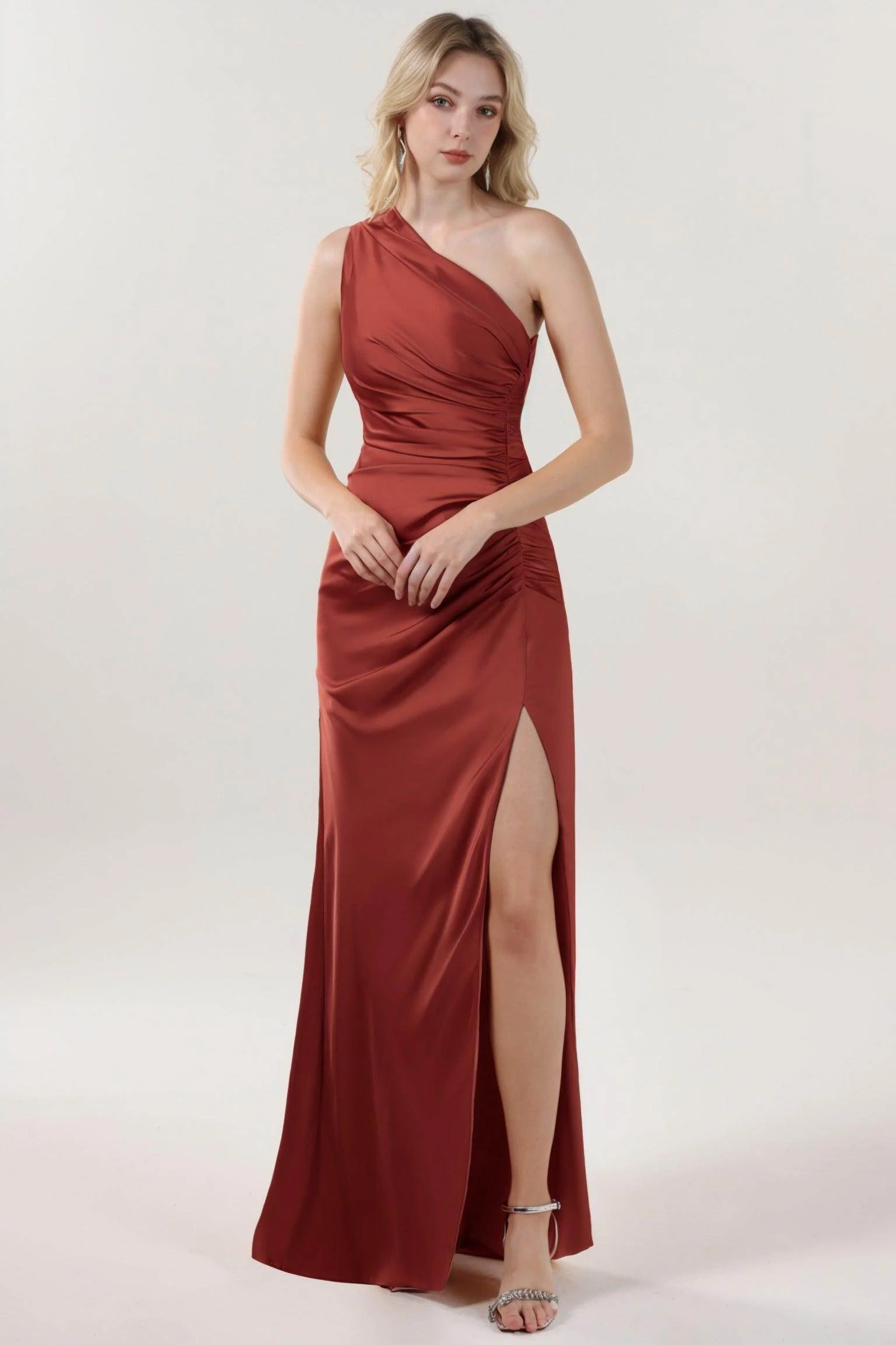 Sheath-Column Maxi Luxe Satin Bridesmaid Dress CS0606BM