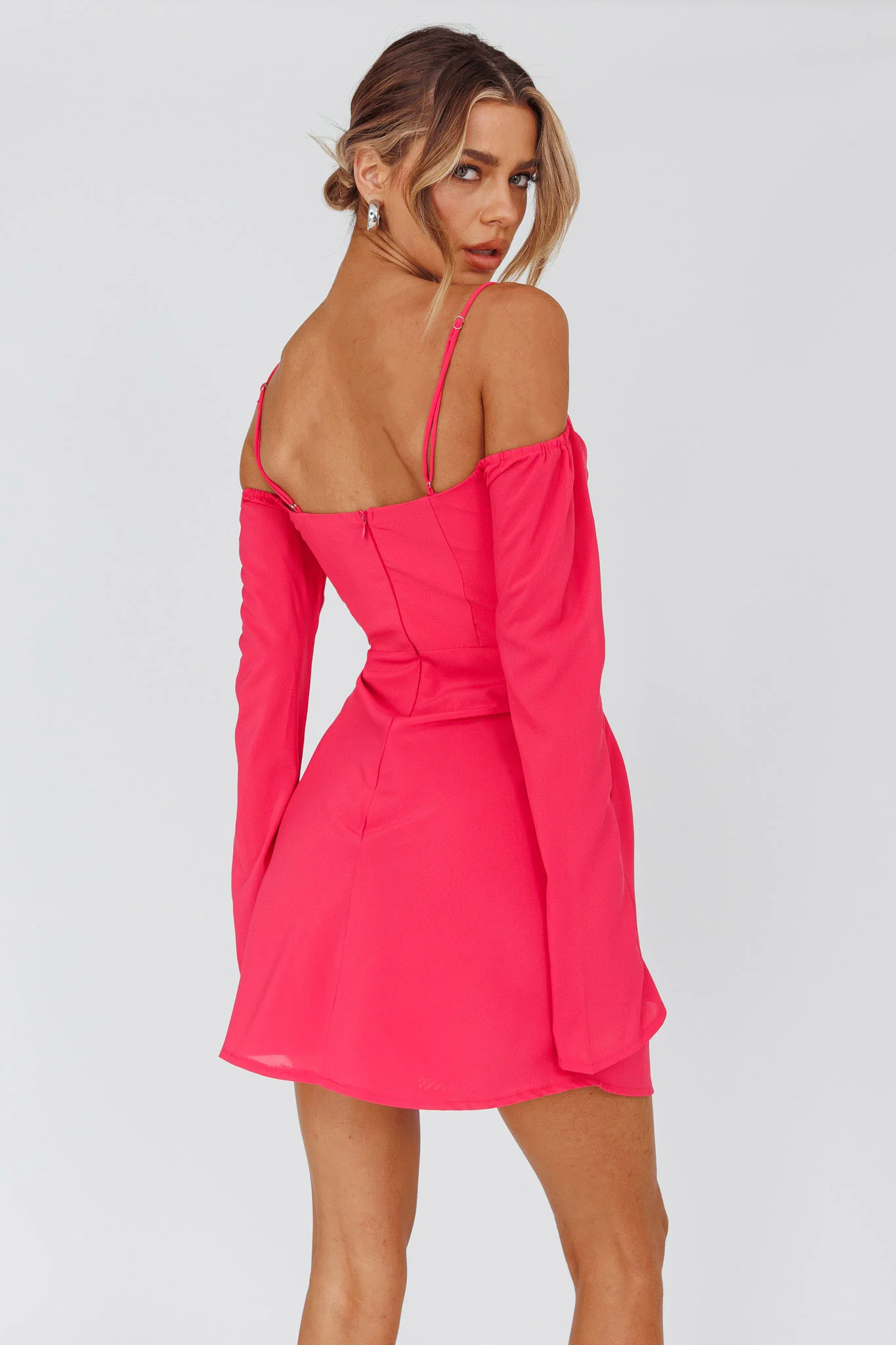 Teava Off-Shoulder Sleeve Laced Mini Dress Hot Pink