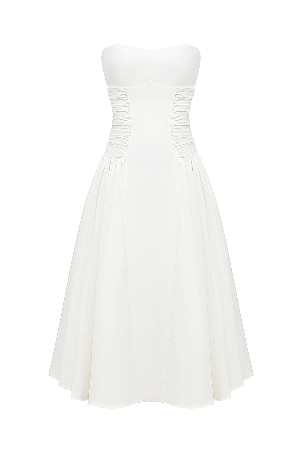 white cotton strapless midi sundress