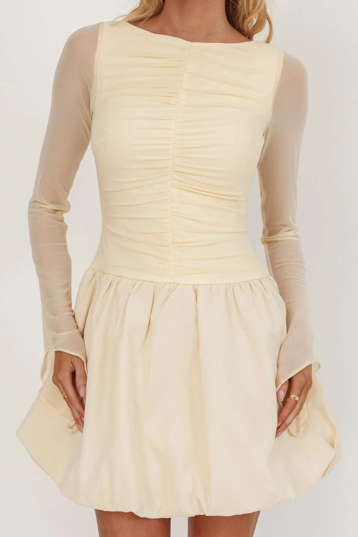 Elowin Long Sleeve Bubble Hem Mini Dress Cream