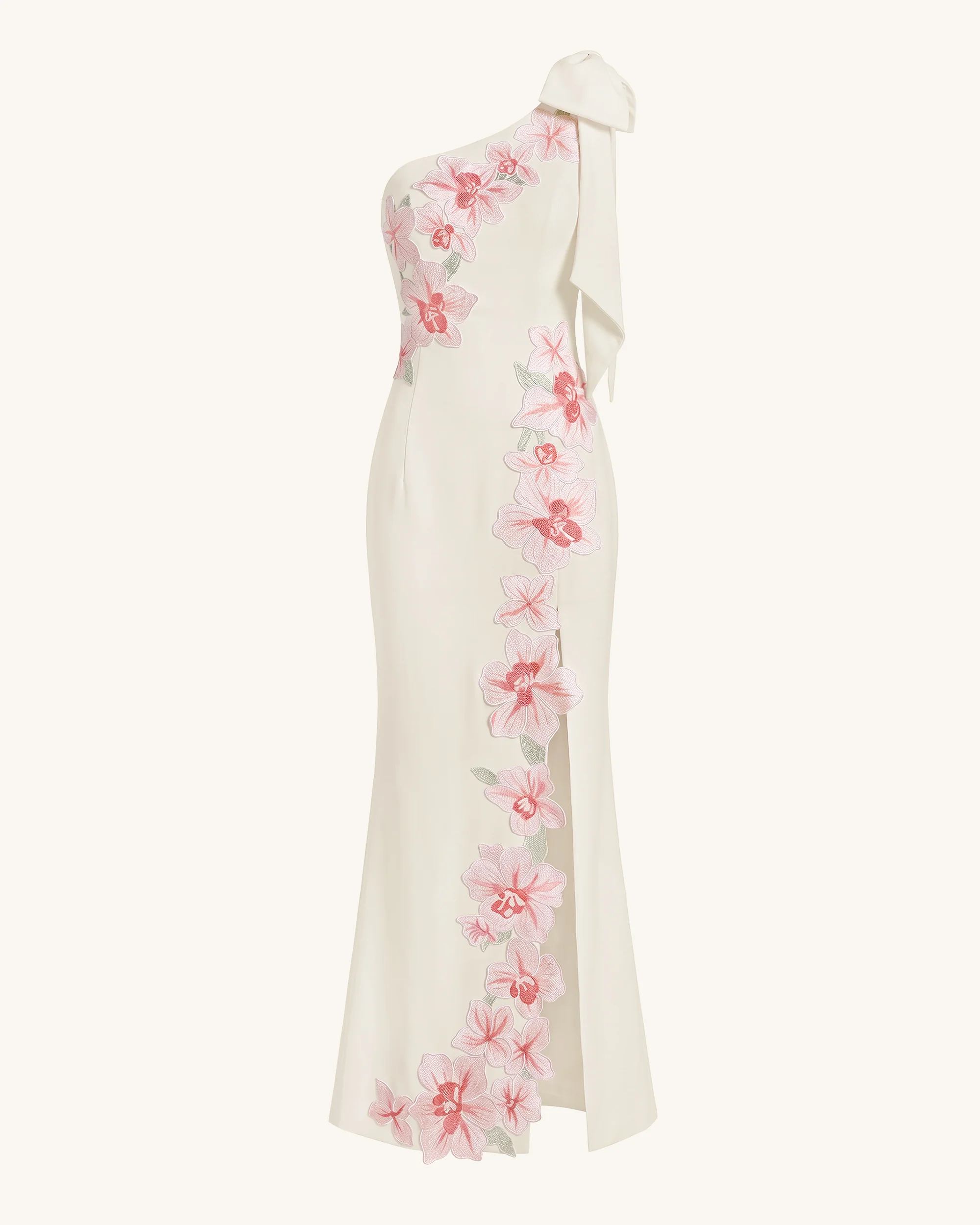 Flower Embroidered One-Shoulder Maxi Dress - Ivory - FASHION NOB