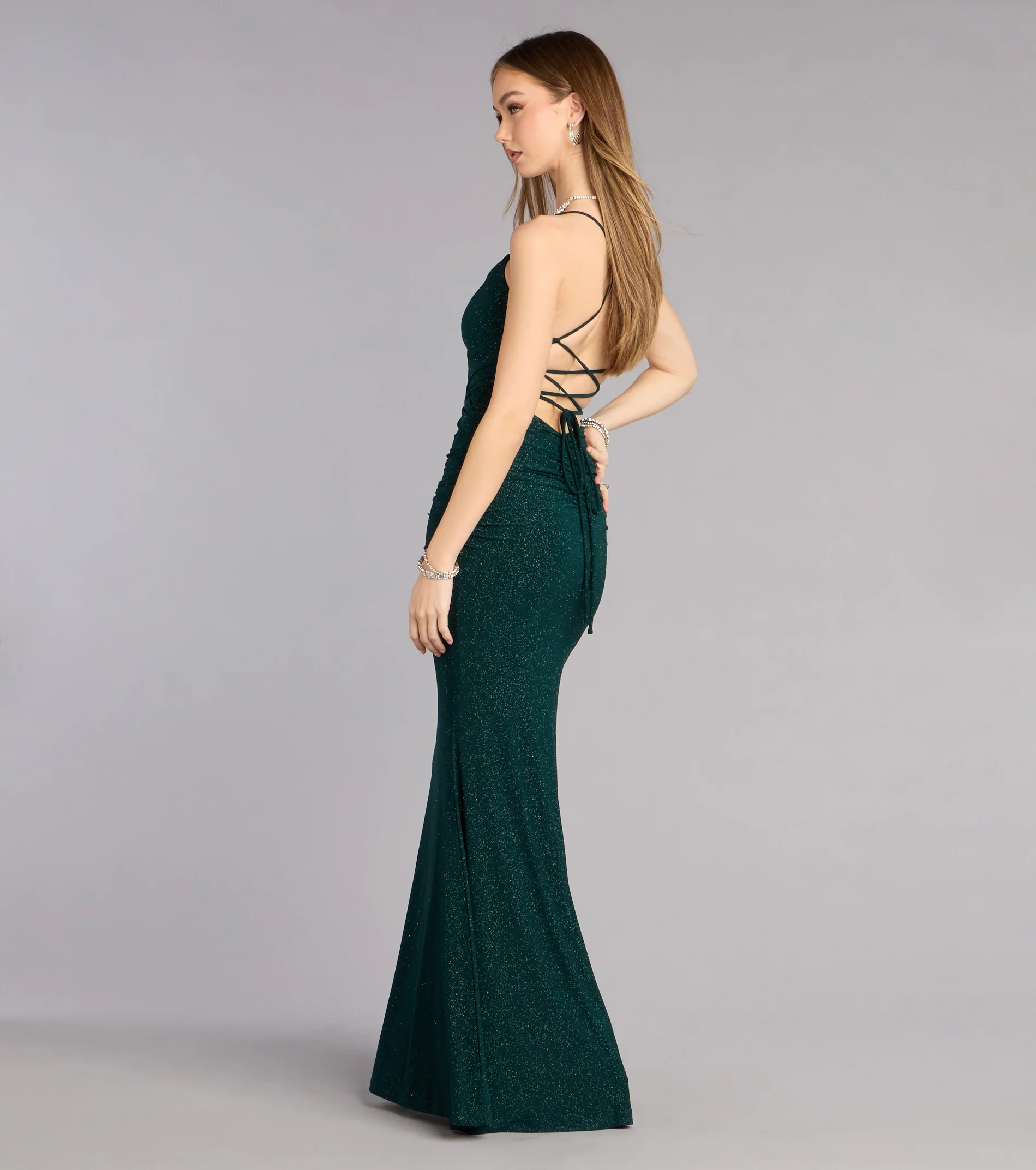 Jaymie Glitter Lace-Up Formal Dress