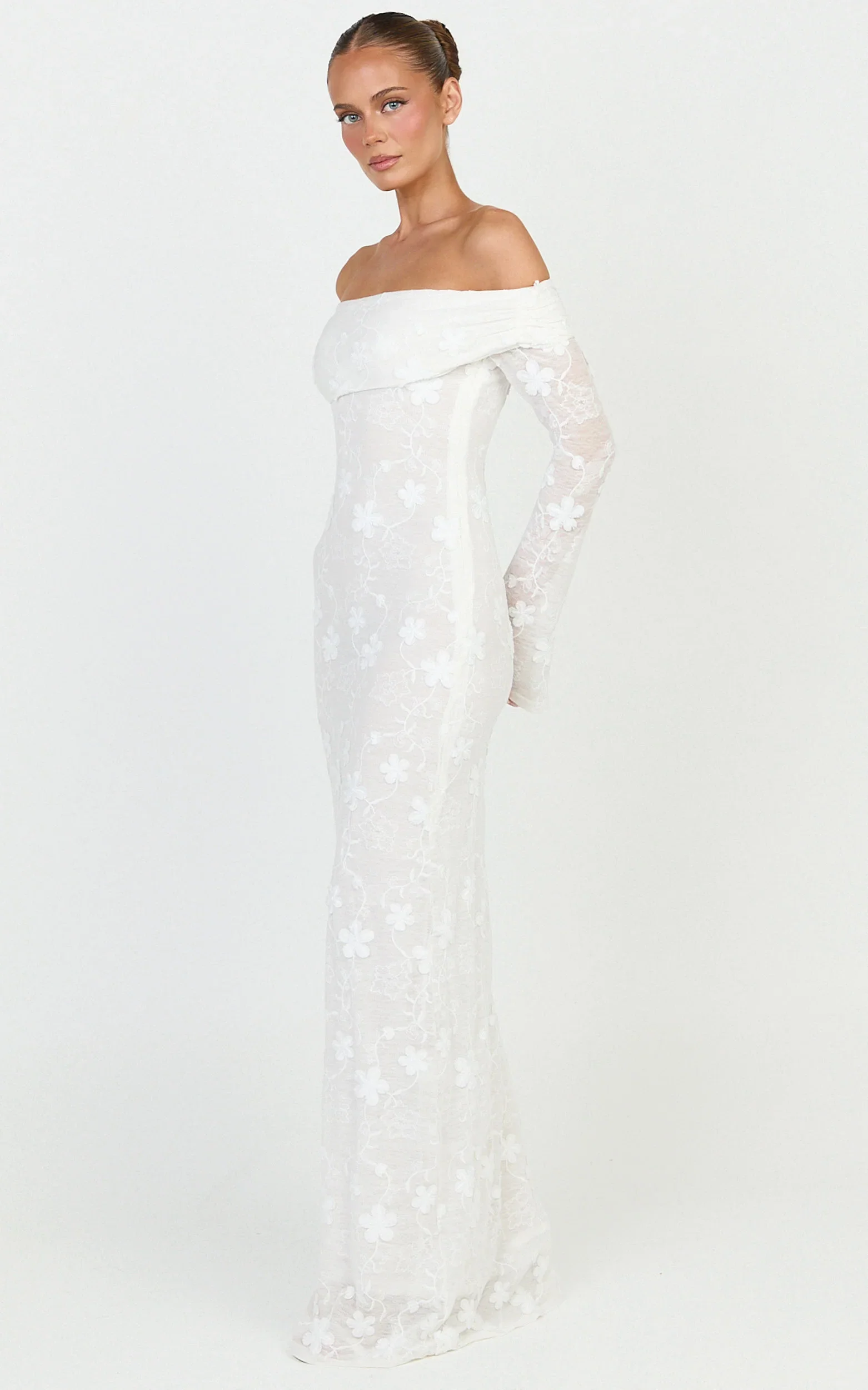 Aurelle Maxi Dress - Off Shoulder Floral Embroidered Dress in Ivory