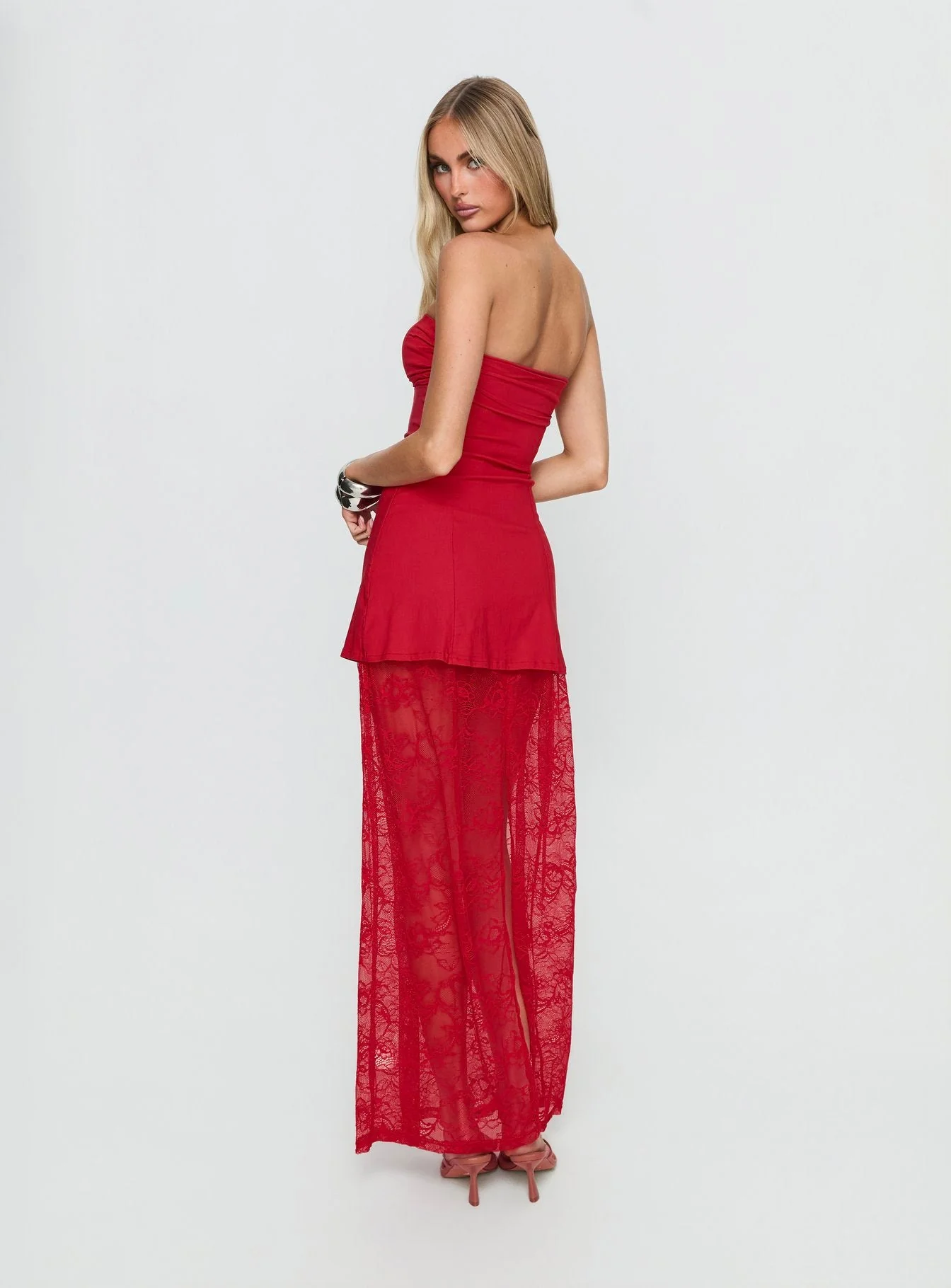 Aleda Sheer Lace Detail Strapless Maxi Dress Red