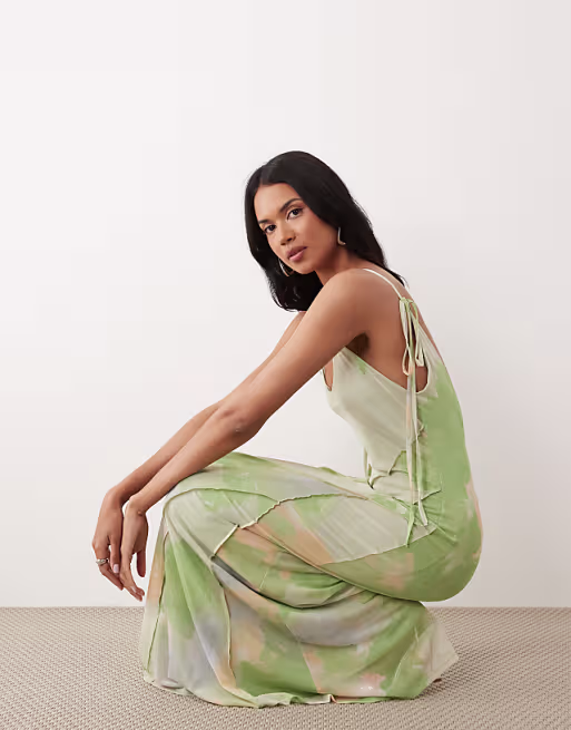 printed floral mesh deep scoop exposed seam maxi dress with low back in sage