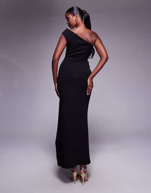 crepe one shoulder gathered midi dress with split in black in scuba-style fabric