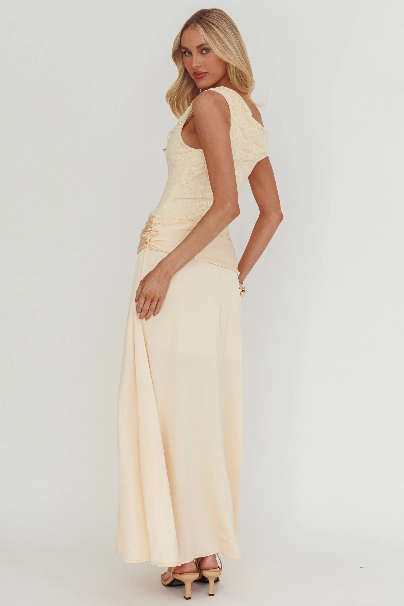 Diana Asymmetric Shoulder Pleat Waist Maxi Dress Butter